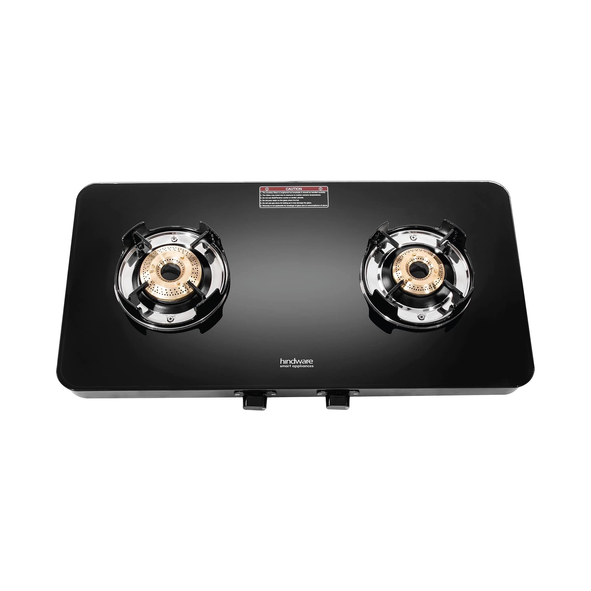 Hindware Smart Appliances | Gas Stove Alverio Neo 2 Burner | Gas Stove For Kitchen | Super Big Jumbo Brass Burner | 6mm Thick Toughened Glass | Flame Guard Design Pan Suppot | (Manual Ignition)
