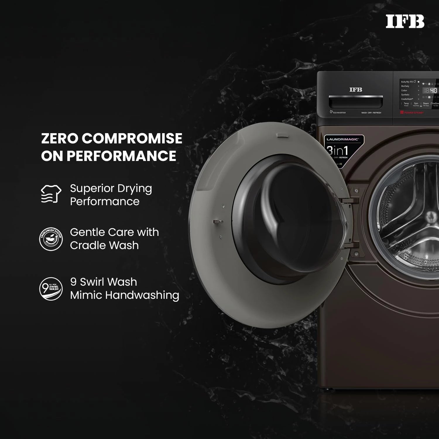 IFB 9/6/3 kg Fully Automatic Washer Dryer Refresher with Steam Refresh, AI Powered, 100% Dry Clothes, 9 Swirl Wash Mimic Handwashing, WiFi & Eco Inverter Motor (WDR Executive ZMN, Mocha)