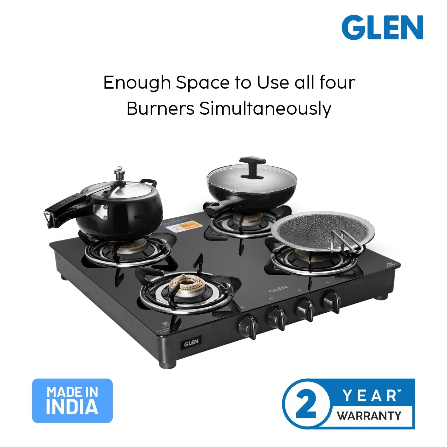 Glen PNG Gas Stove 4 Burner | Toughened Glass Top Gas Stoves Brass Burners Black | ISI Certified (1043 GT BB BL PN) Manual