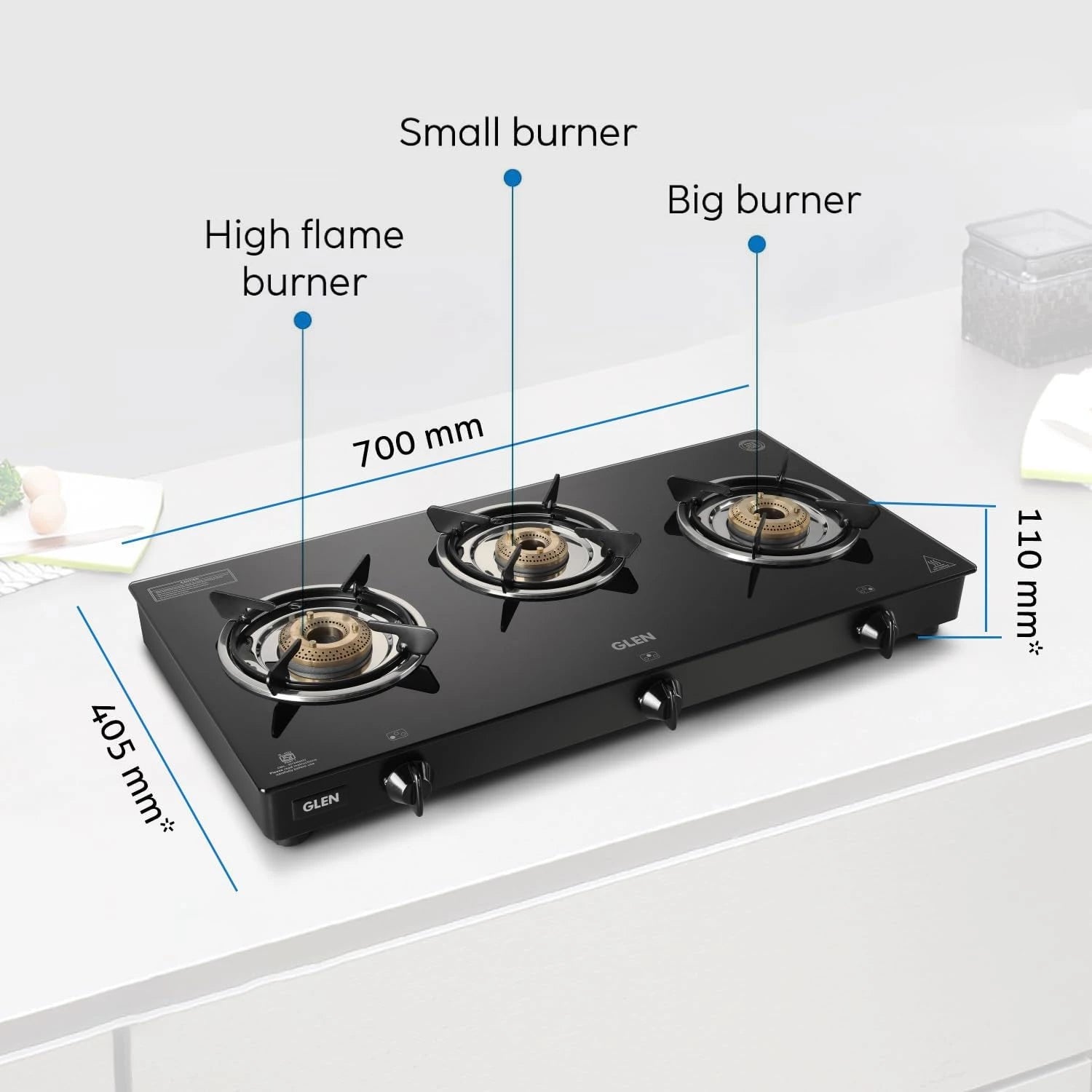 Glen 3 Burner Toughened Glass Top PNG Gas Stoves | Brass Burners | Black | ISI Certified | Stainless Steel Drip Trays | Anti-Skid Feet Ergonomic Knobs | 2 Year Warranty (CT1030GTBB BLPN)