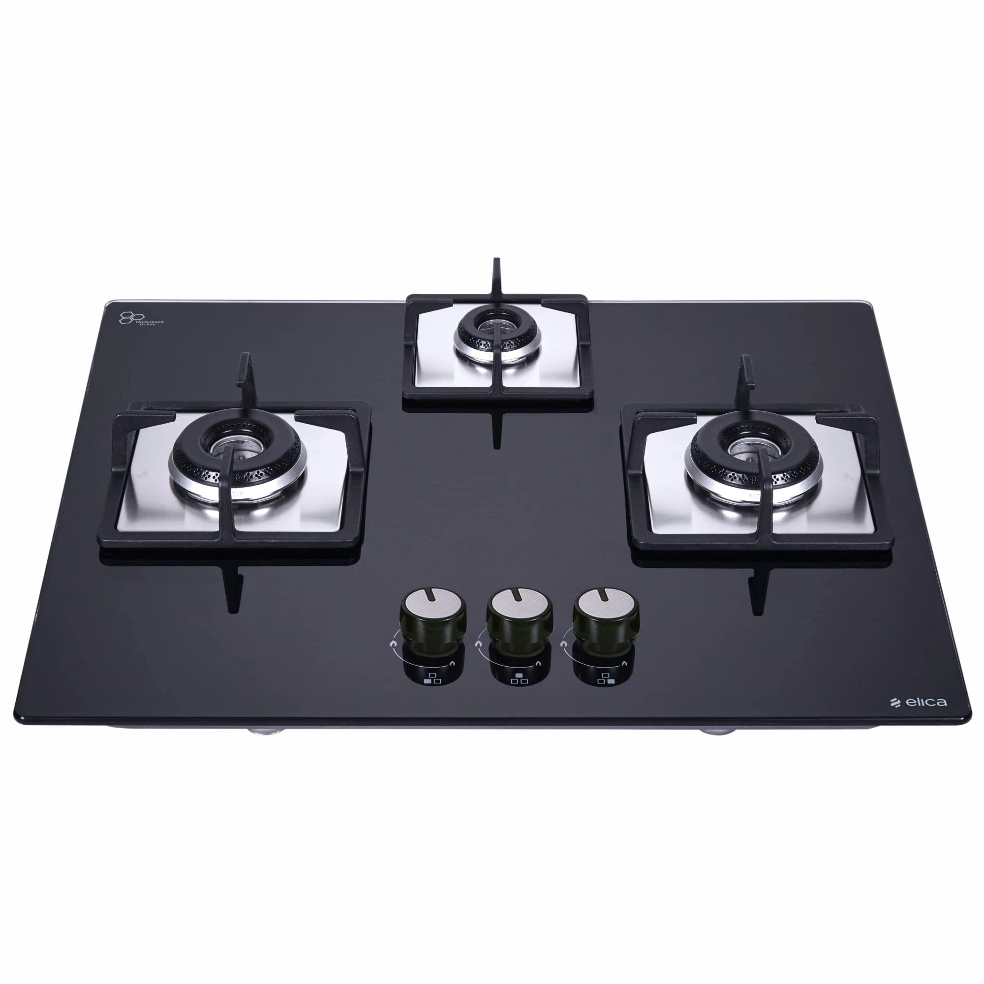 Elica Hob 3 Burner Gas Stove (Flexi HCT 360 DX Lotus BK), Black - Auto Ignition, Glass Top, 2 Medium & 1 Small Lotus Burner