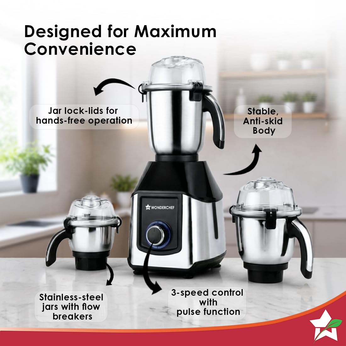 Wonderchef Inox 63155305 1000W Mixer Grinder with 3 Stainless-steel Jars, Black
