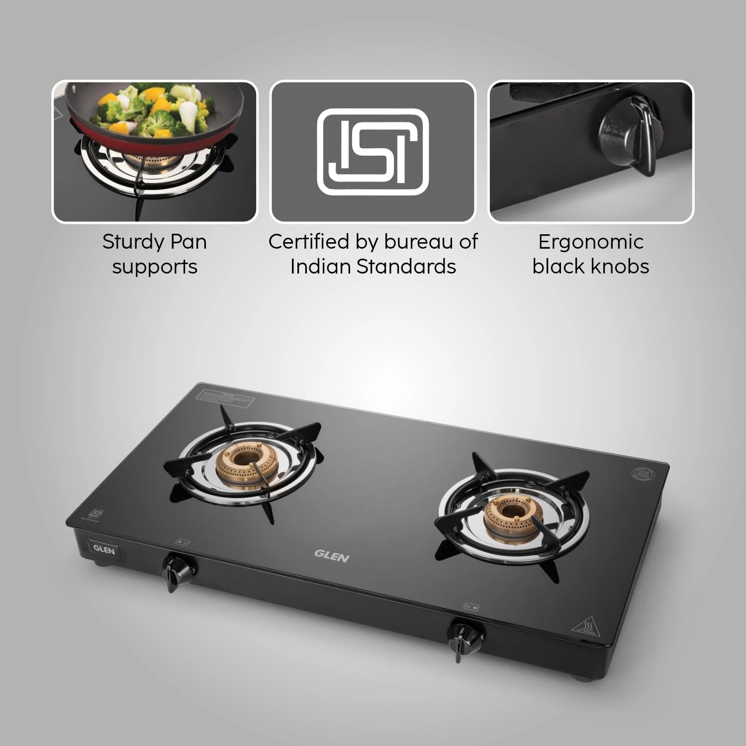 Glen 2 Burner Glass Gas Stove | Toughened Glass Top | Extra Large High Flame Brass Burners | Black | Manual Ignition | ISI Certified (1022 GTXL BB BL)