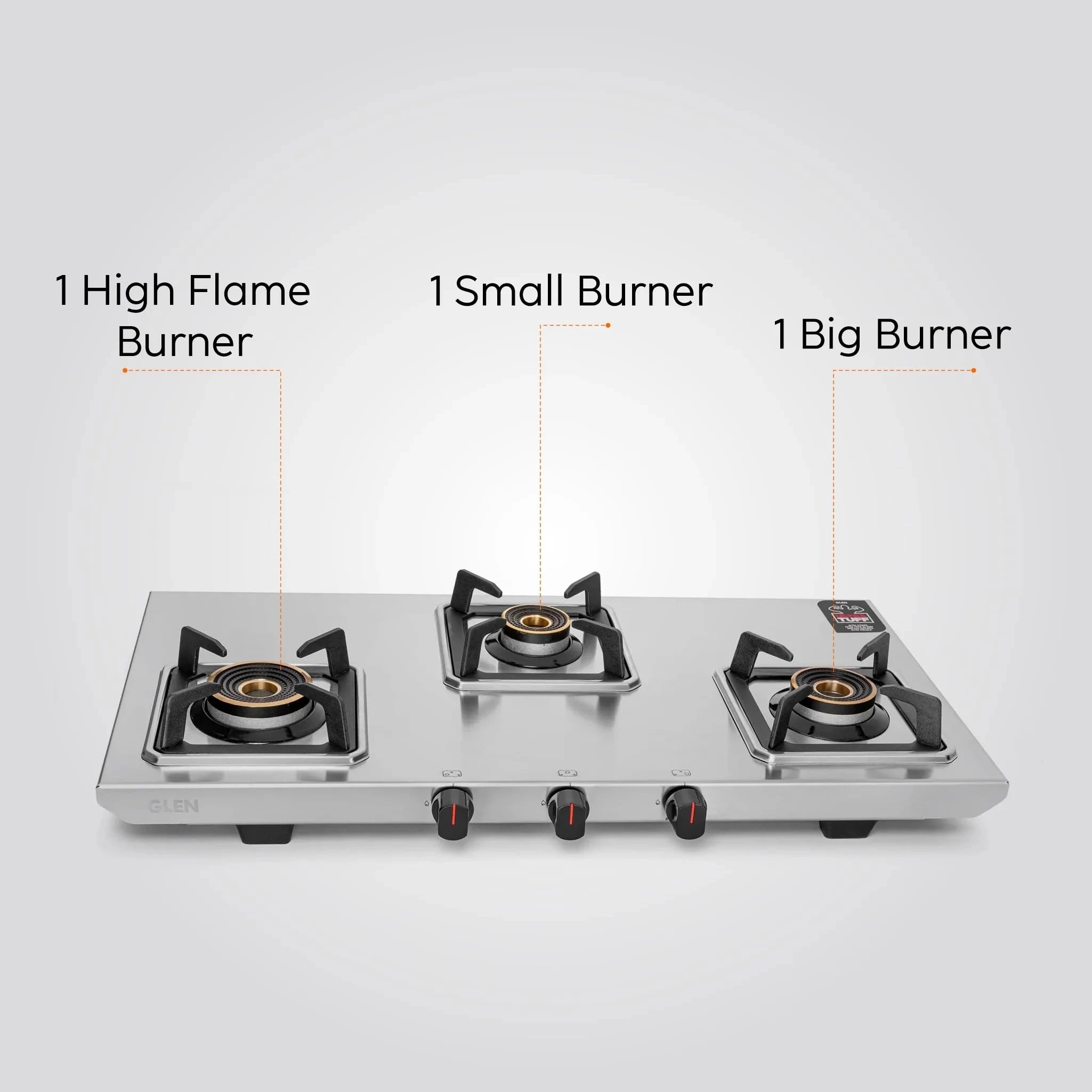 Glen 3 Burner Ultra Tuff Stainless Steel Gas Stove | Multi-Ring Forged Brass Burners | Removal Drip Trays | ISI Certified | Revolving Inlet Nozzle | Manual Ignition (CT1053UTDTSS)