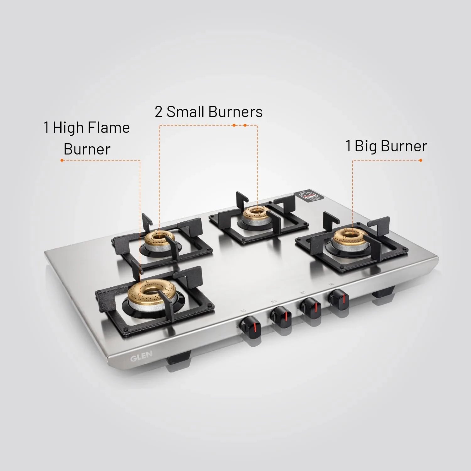 Glen 4 Burner Ultra Tuff Stainless Steel LPG Gas Stove | Silver | Forged Brass Burner | Revolving Inlet Nozzle | 1054 UT SS 73 AI (Auto Ignition)