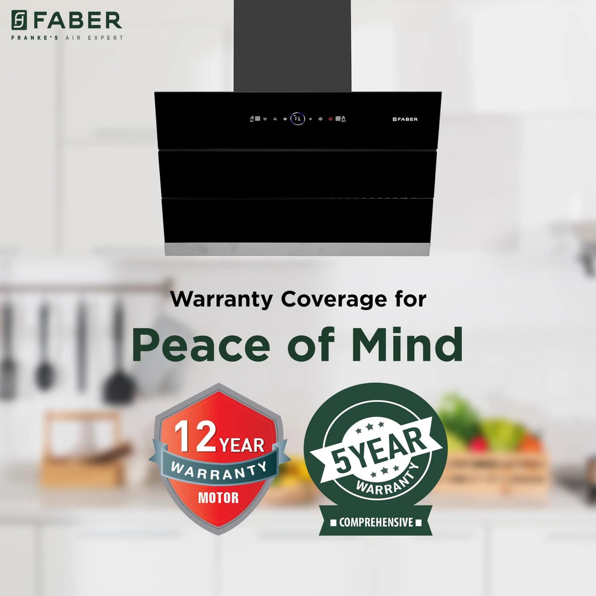 Faber Hood Maple BLDC FL HC BK 60 chimney with 12 year motor warranty and 5 year comprehensive warranty badges