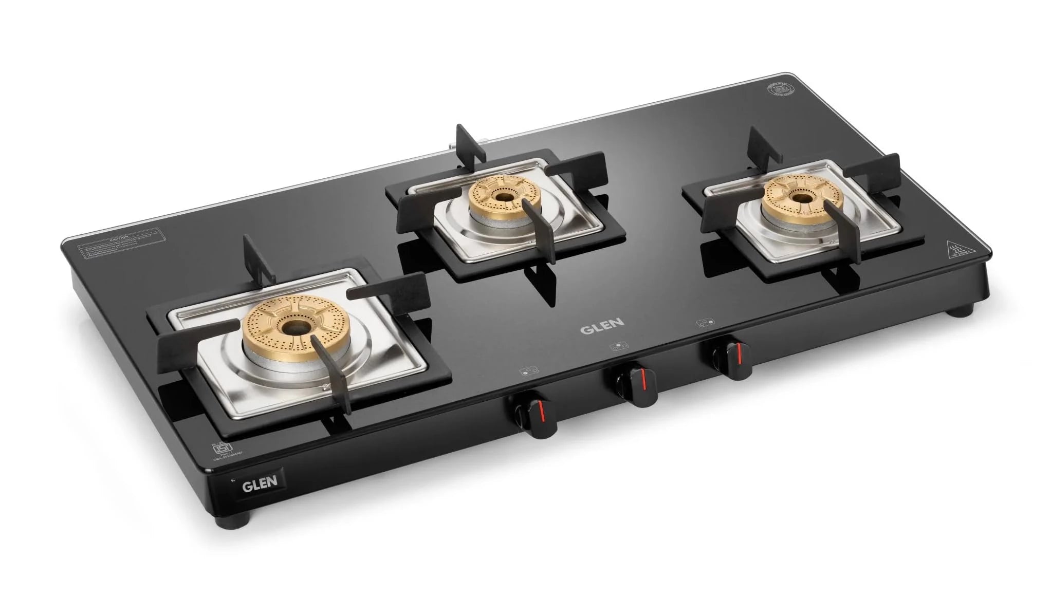Glen 3 Burner Ultra Slim Glass Gas Stove with High Flame Forged Brass Burner - Manual Ignition (1038 SL SQ BL FB)