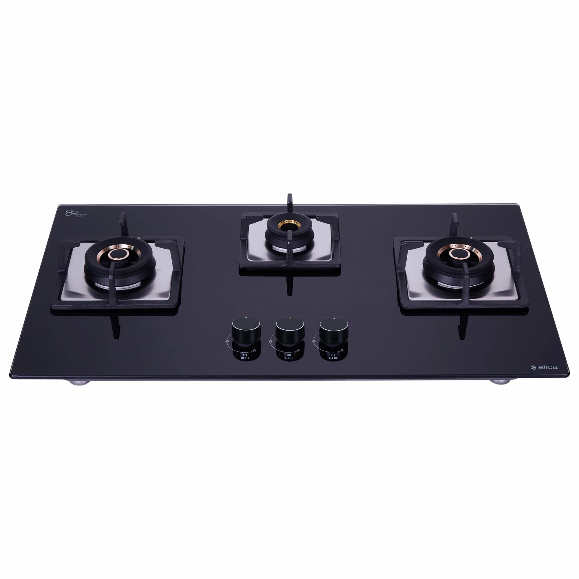 Elica Hob Gas Stove Flexi AB Hct 375 Dx, 3 Burner Auto Ignition, 2 Double Ring Brass, 1 Mini Triple Ring Brass, Glass Top, Black