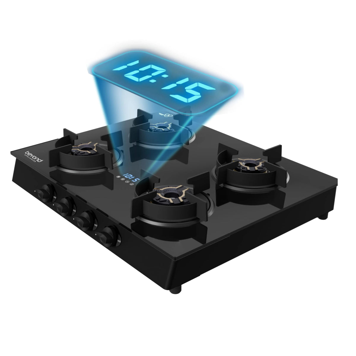 Beyond Appliances Auriga Pro 4 Full Brass Burner Smart Gas Stove | Auto Ignition | Digital Timer | Flame Failure Device | Toughened Glass | ISI Certified, LPG & PNG Compatible, PAN India Service