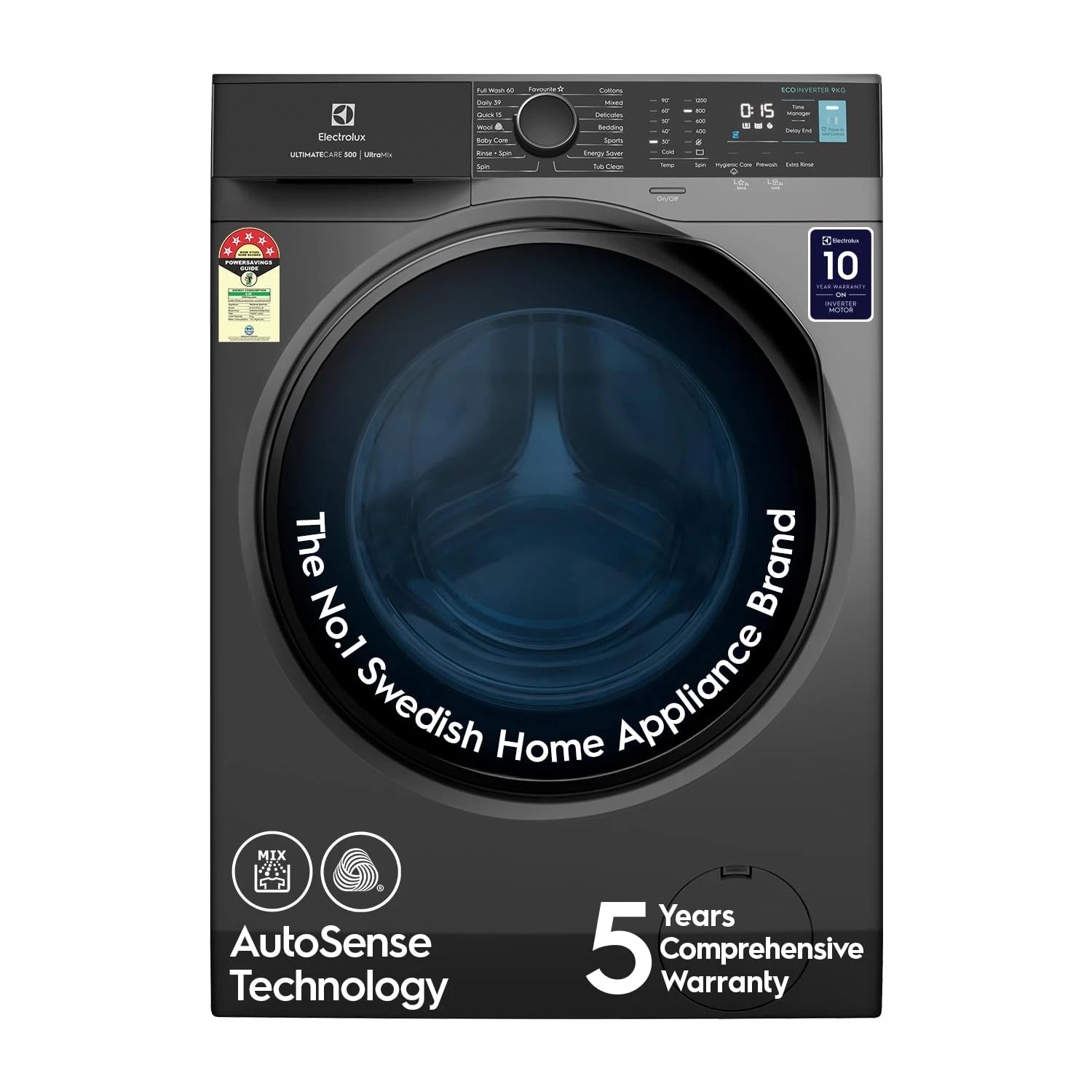Electrolux 9kg 5 Star Fully Automatic Front Load Washing Machine with UltraMix, Full Load Vapour Wash for Sustainable Clothing, Hygienic Care, EcoInverter, Dark Silver, UltimateCare 500, EWF9024R5SB