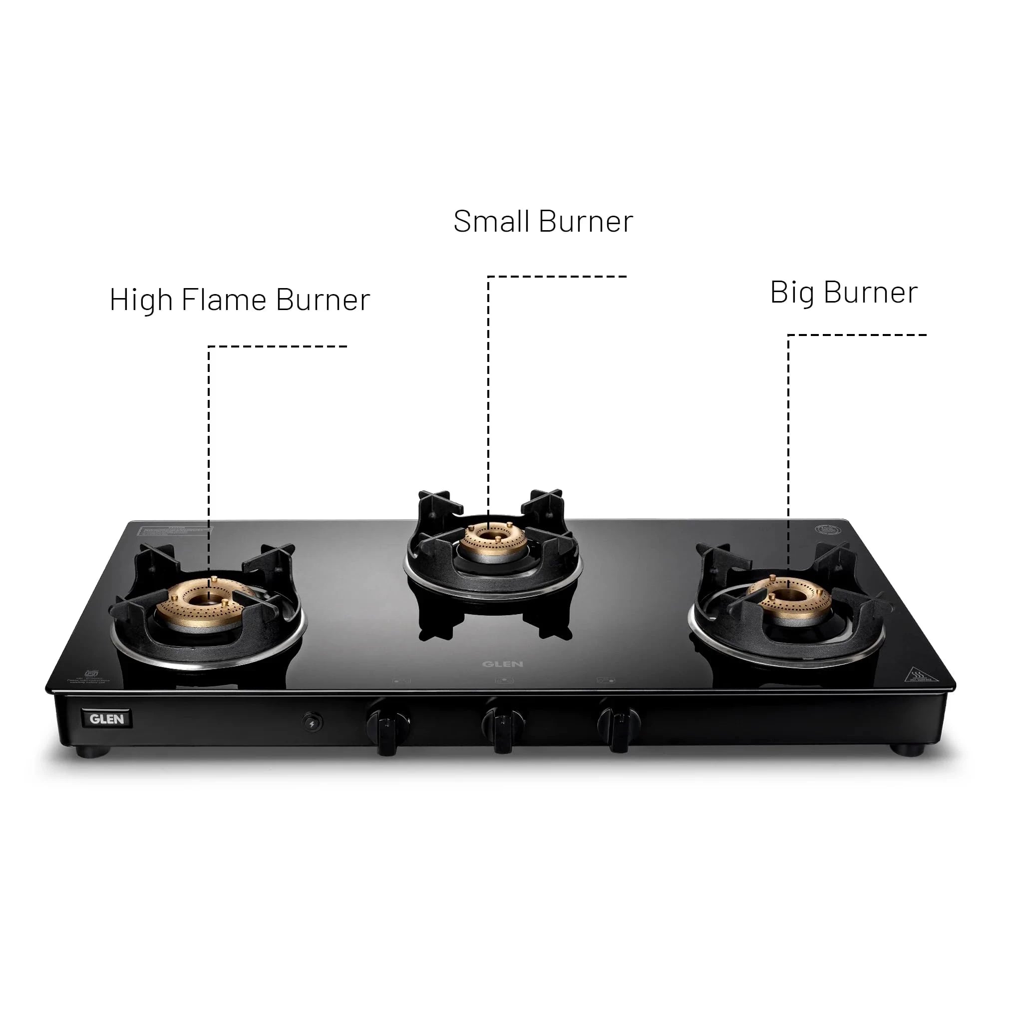 Glen Gas Stove 3 Burner | Toughened Glass Top PNG Gas Stoves | Brass Burners Black Manual Ignition | ISI Certified | Revolving Nozzle | Crown Pan Supports | (CT1038GTBBBLCPPN)