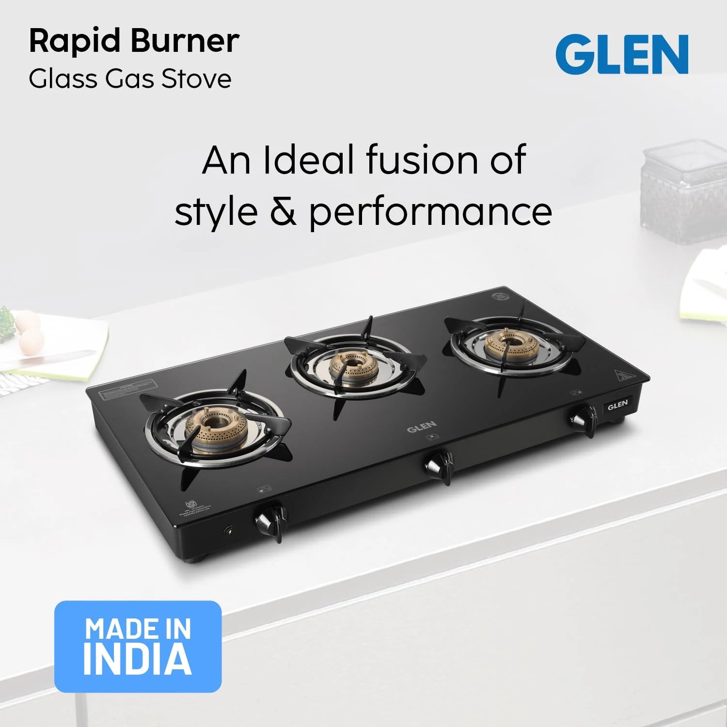 Glen 3 Burner Toughened Glass Top LPG Gas Stoves Auto Ignition | Brass Burners | Black | ISI Certified | Stainless Steel Drip Trays | Anti-Skid Feet Ergonomic Knobs | 2 Year Warranty (1030GTBBBLAI)