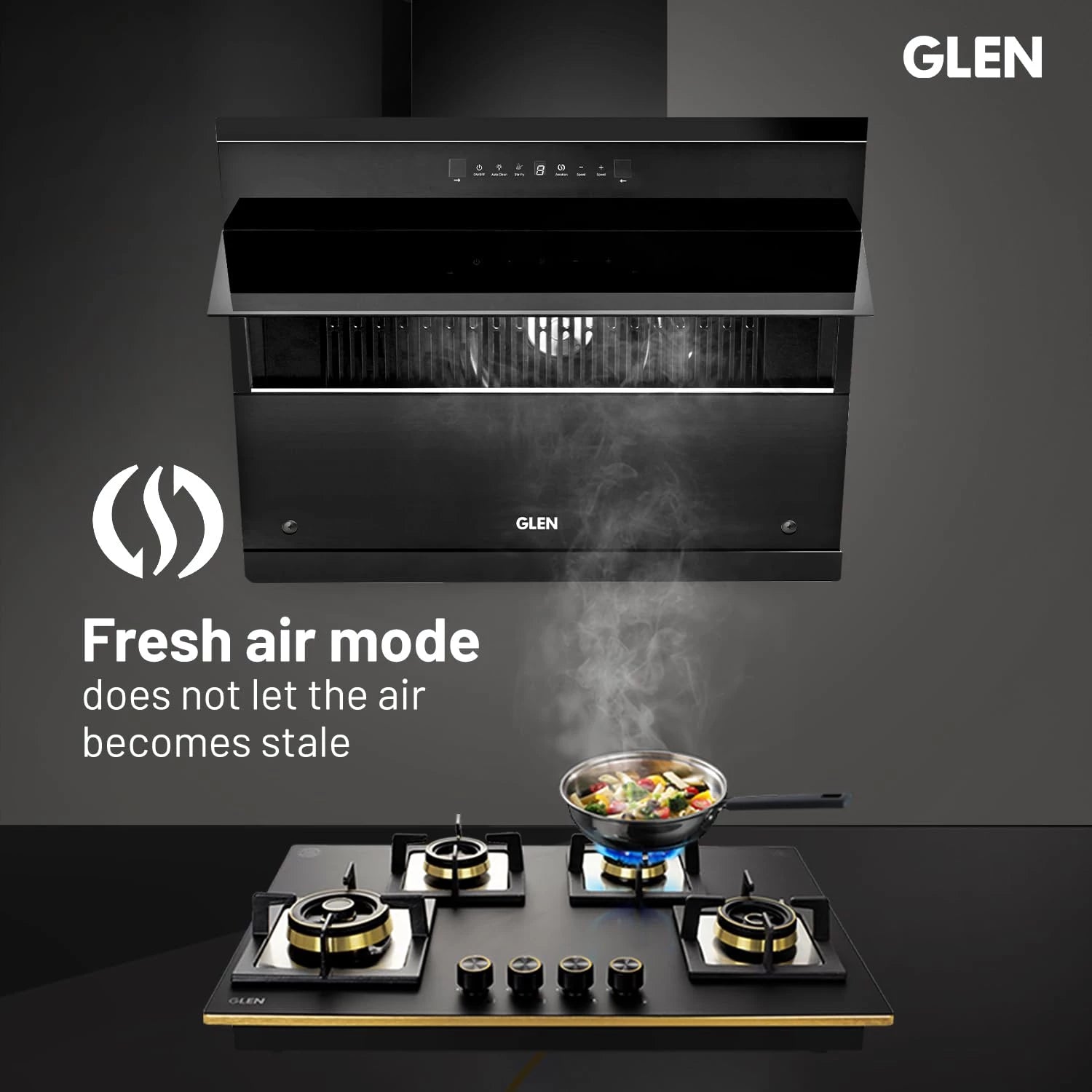 Glen 90 cm 1600 m³/hr BLDC Filterless Thermal Autoclean Kitchen Chimney, Slant |(Hood KOPPA HSR 90, Heat Sensor| Aeration technology|Auto On/Off| Touch & Gesture Control,Black)