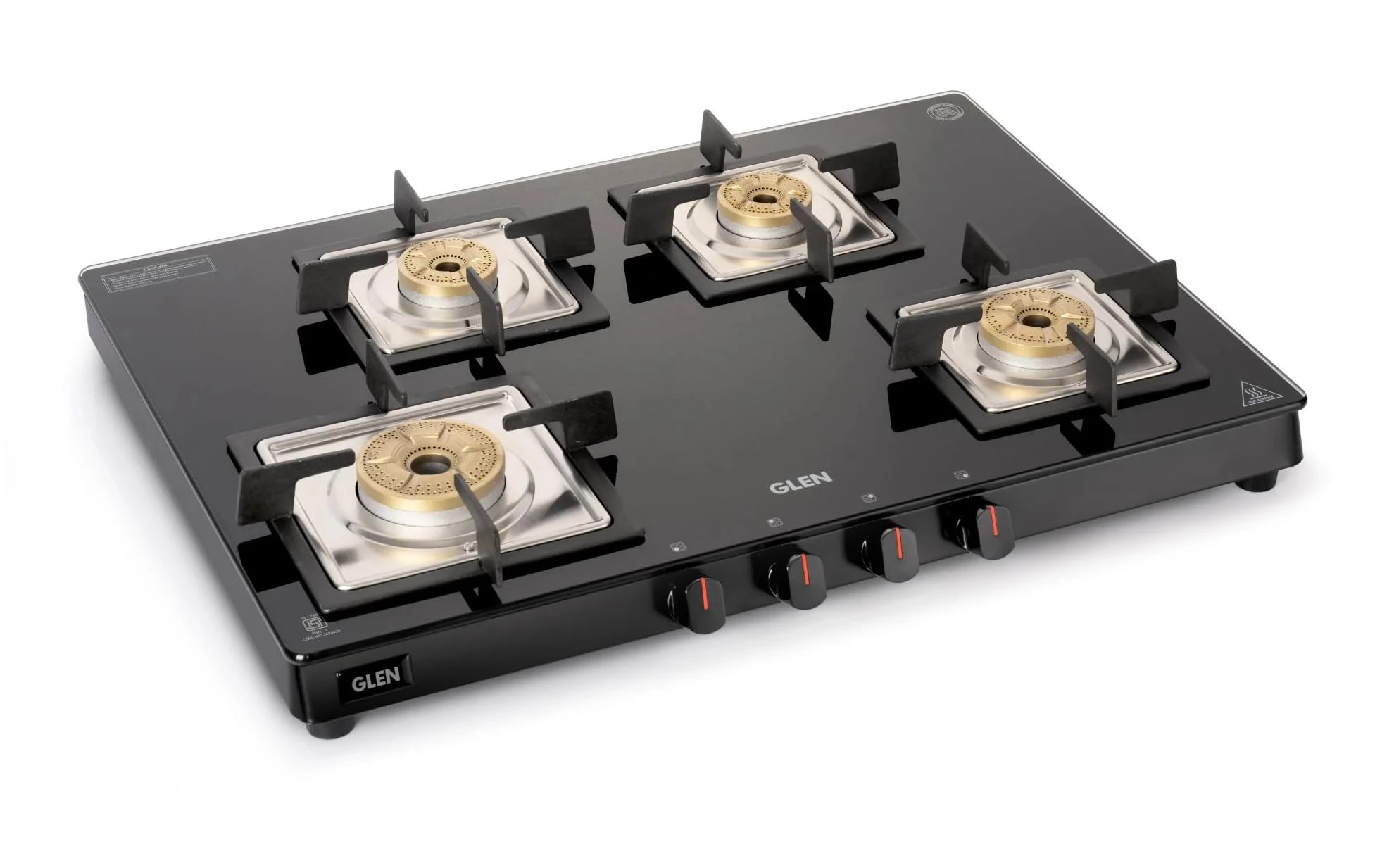 Glen 4 Burner Ultra Slim Glass Gas Stove 1 High Flame 3 Forged Brass Burner -Manual (1048 SL SQ BL FB)
