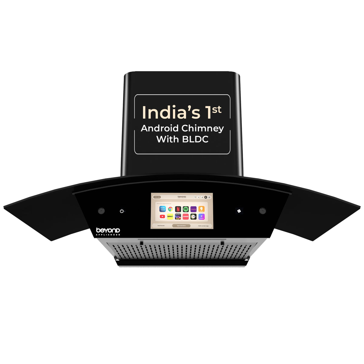 Beyond Asteria 90 cm black curved glass kitchen chimney front view with smart screen and BLDC badge