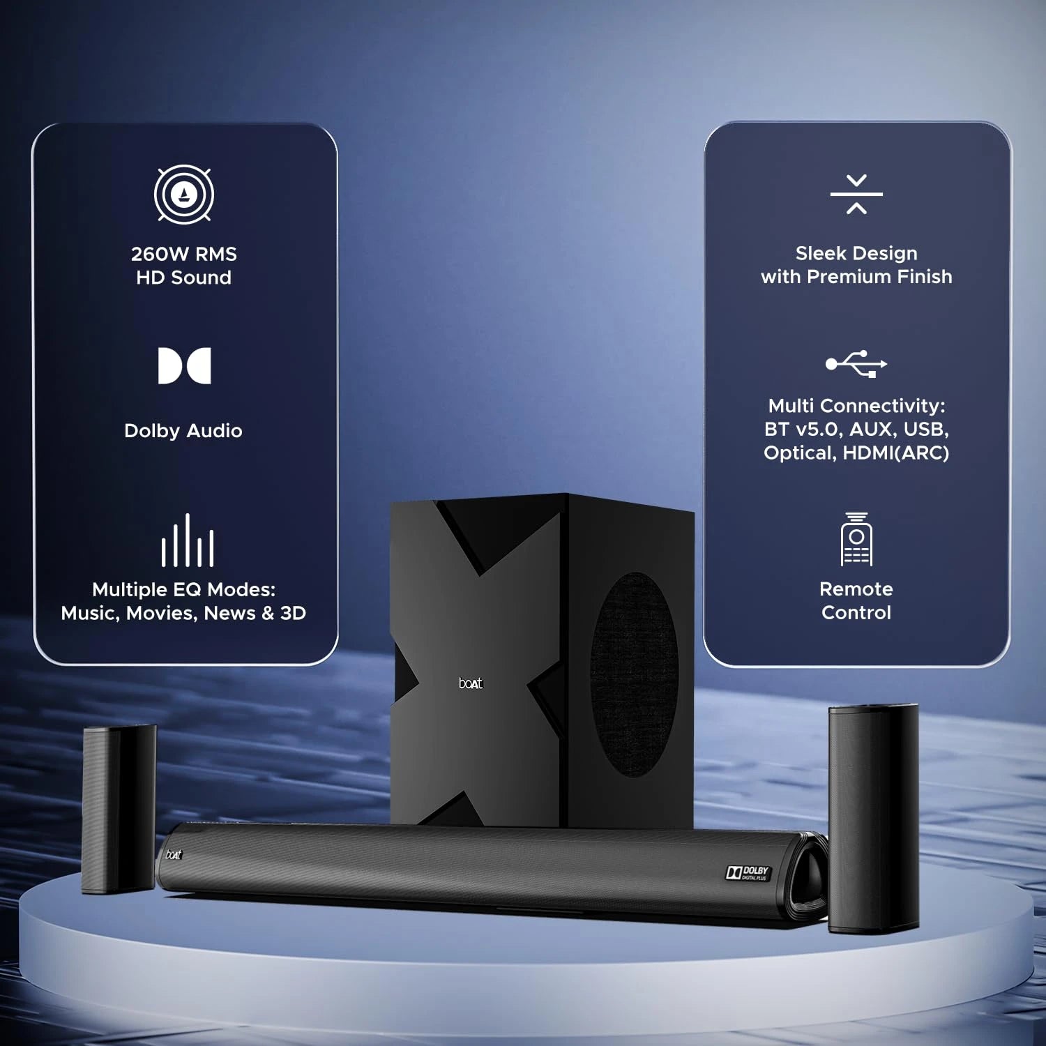 boAt AAVANTE Bar 3150D 260W 5.1 Channel Bluetooth Soundbar with Dolby Audio, Signature Sound,Wired Subwoofer,Multiple Connectivity,Entertainment Modes(Premium Black)