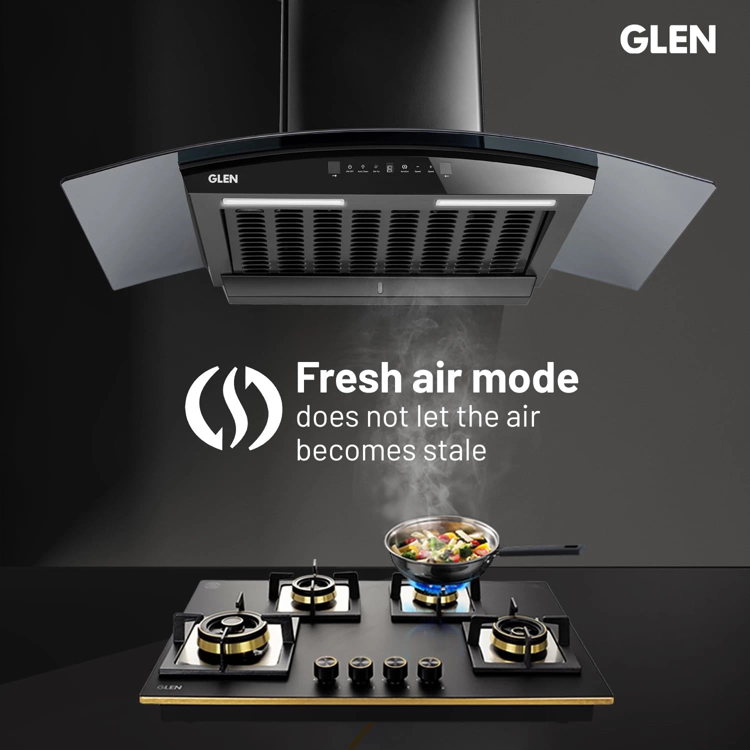 Glen 90 cm 1500 m³/hr BLDC Filterless Thermal Autoclean Kitchen Chimney, Curved Glass |(Hood RICA 90, Aeration technology| Touch & Gesture Control,Black)