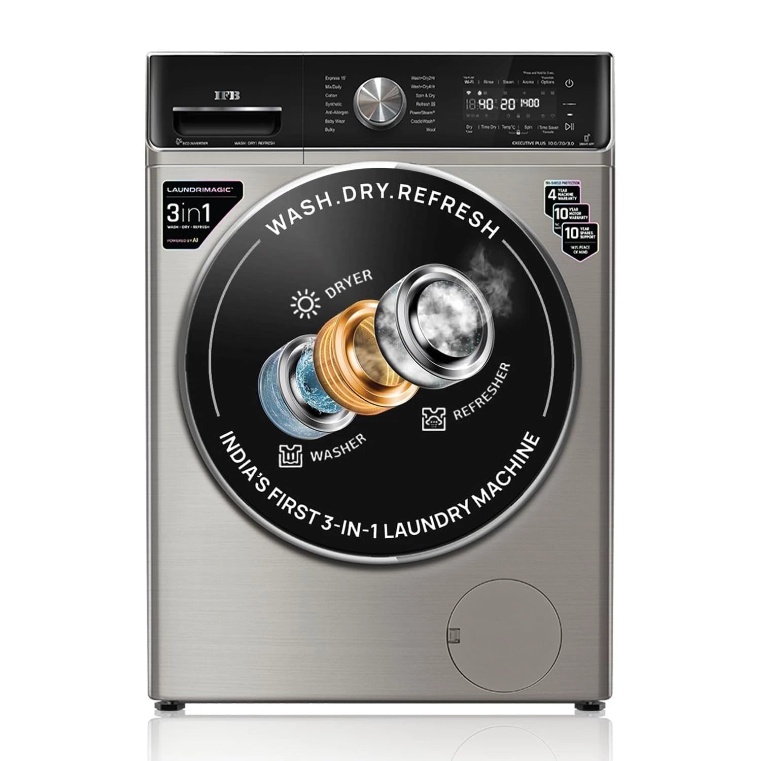 IFB 10 Kg/7 Kg/3 Kg 3-in-1, AI Powered, Fully Automatic Washer Dryer Refresher (IFB Laundrimagic®, EXECUTIVE PLUS ZXV, 9 Swirl Wash, Eco Inverter Technology, SUS VCM)