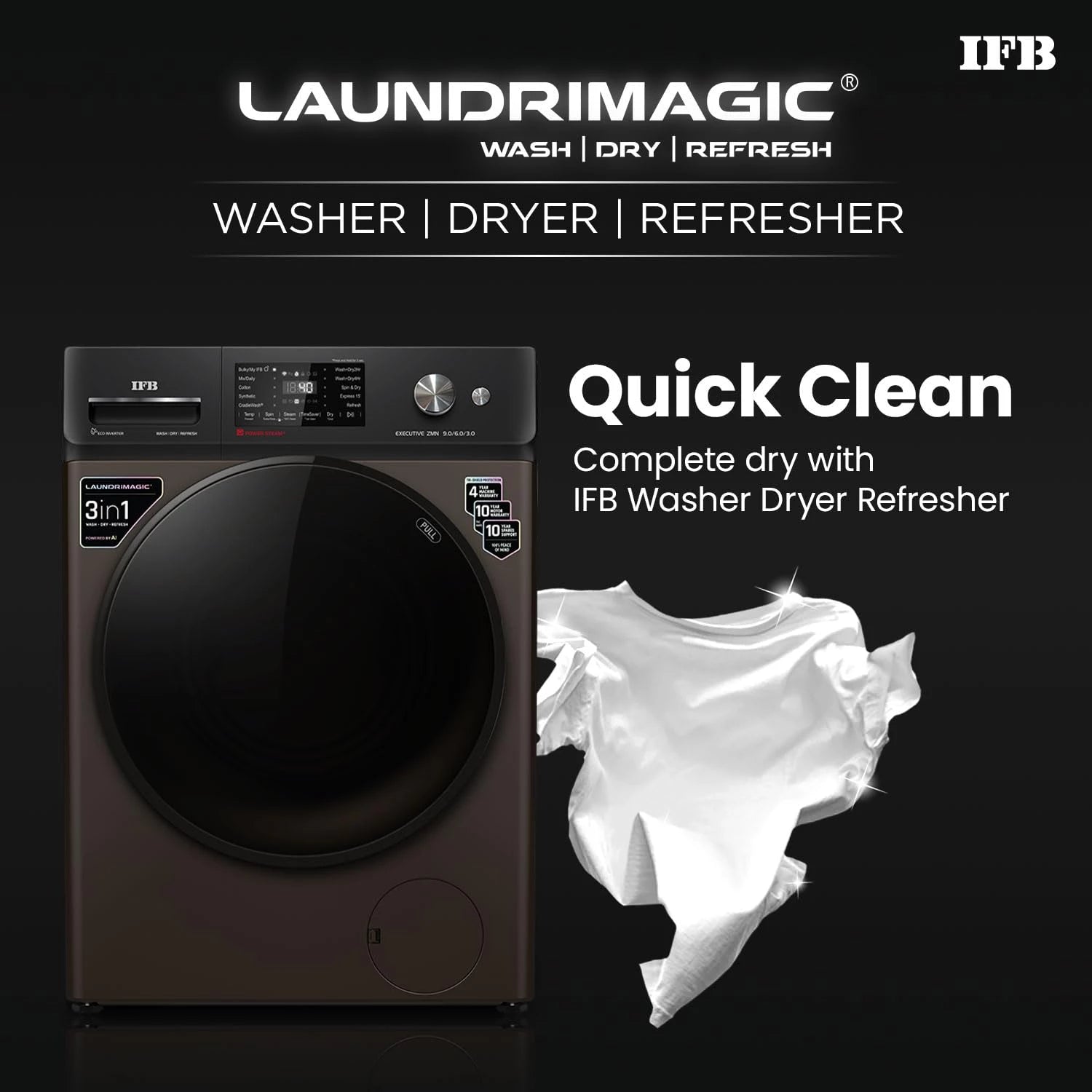 IFB 9/6/3 kg Fully Automatic Washer Dryer Refresher with Steam Refresh, AI Powered, 100% Dry Clothes, 9 Swirl Wash Mimic Handwashing, WiFi & Eco Inverter Motor (WDR Executive ZMN, Mocha)
