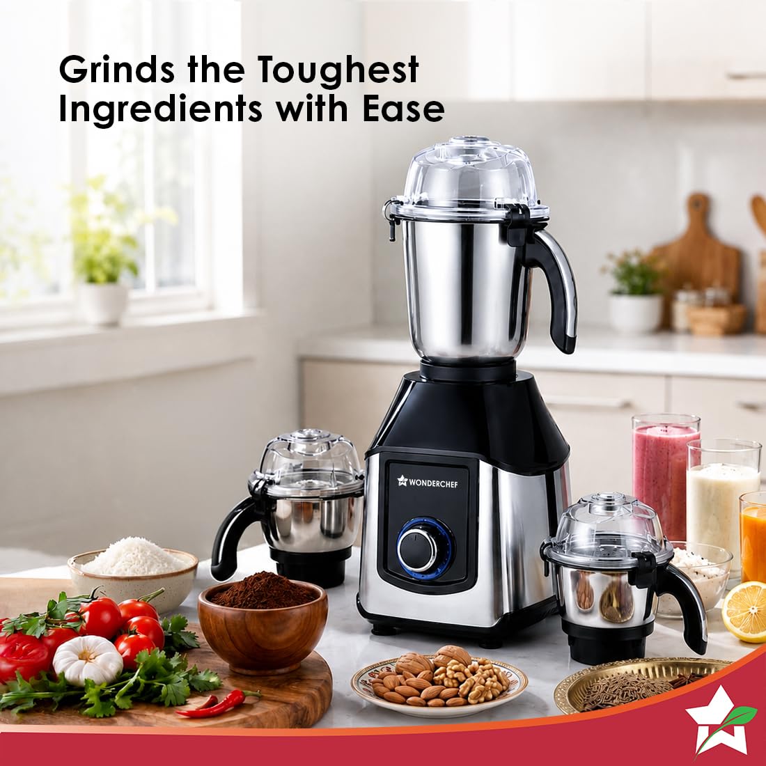 Wonderchef Inox 63155305 1000W Mixer Grinder with 3 Stainless-steel Jars, Black