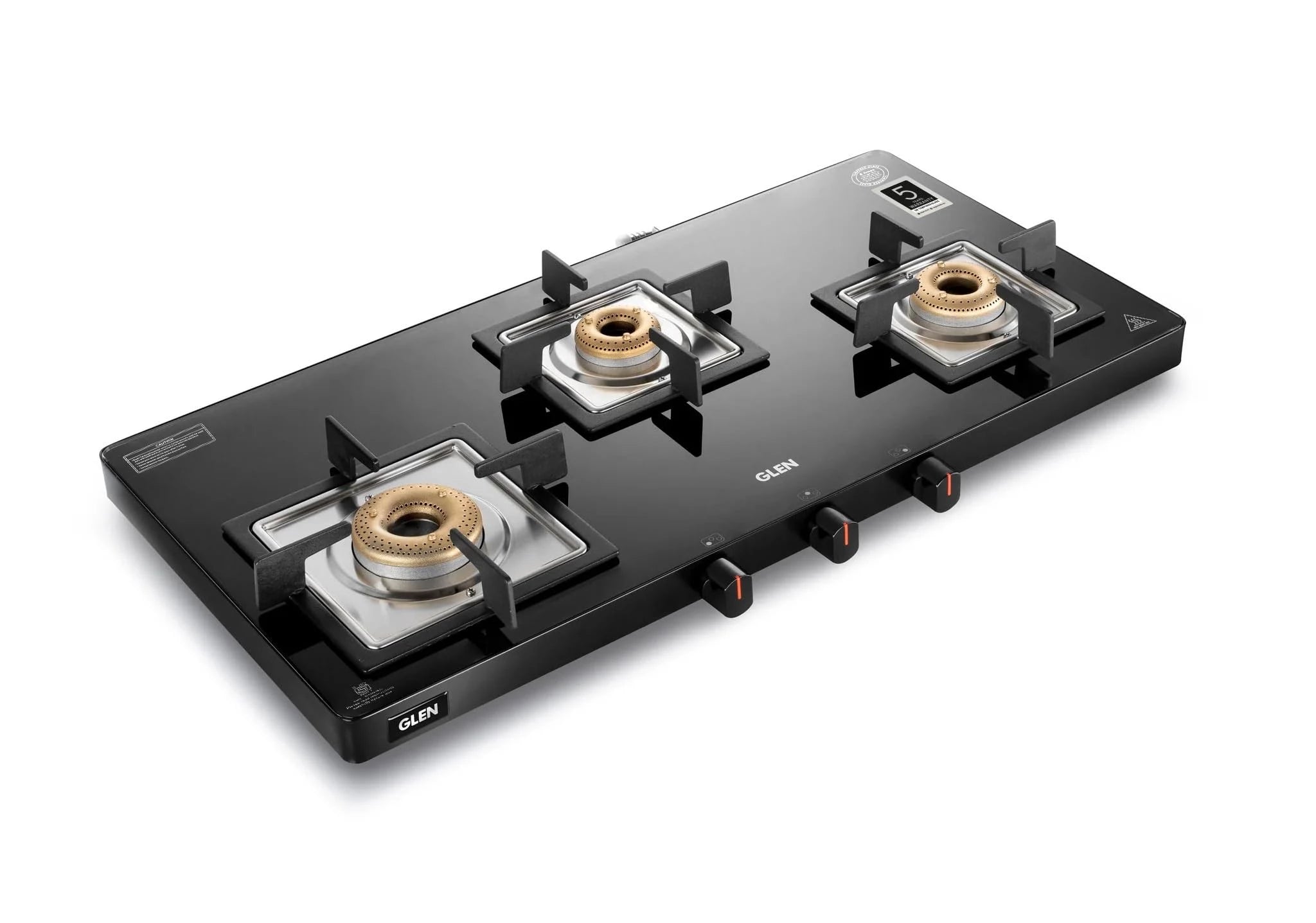 Glen Gas Stove 3 Burner Toughened Glass Top | Ultra Slim LPG Gas Stoves Black | High Flame Forged Brass Burners | 360 Revolving Nozzle | 1035 US BL (Manual)