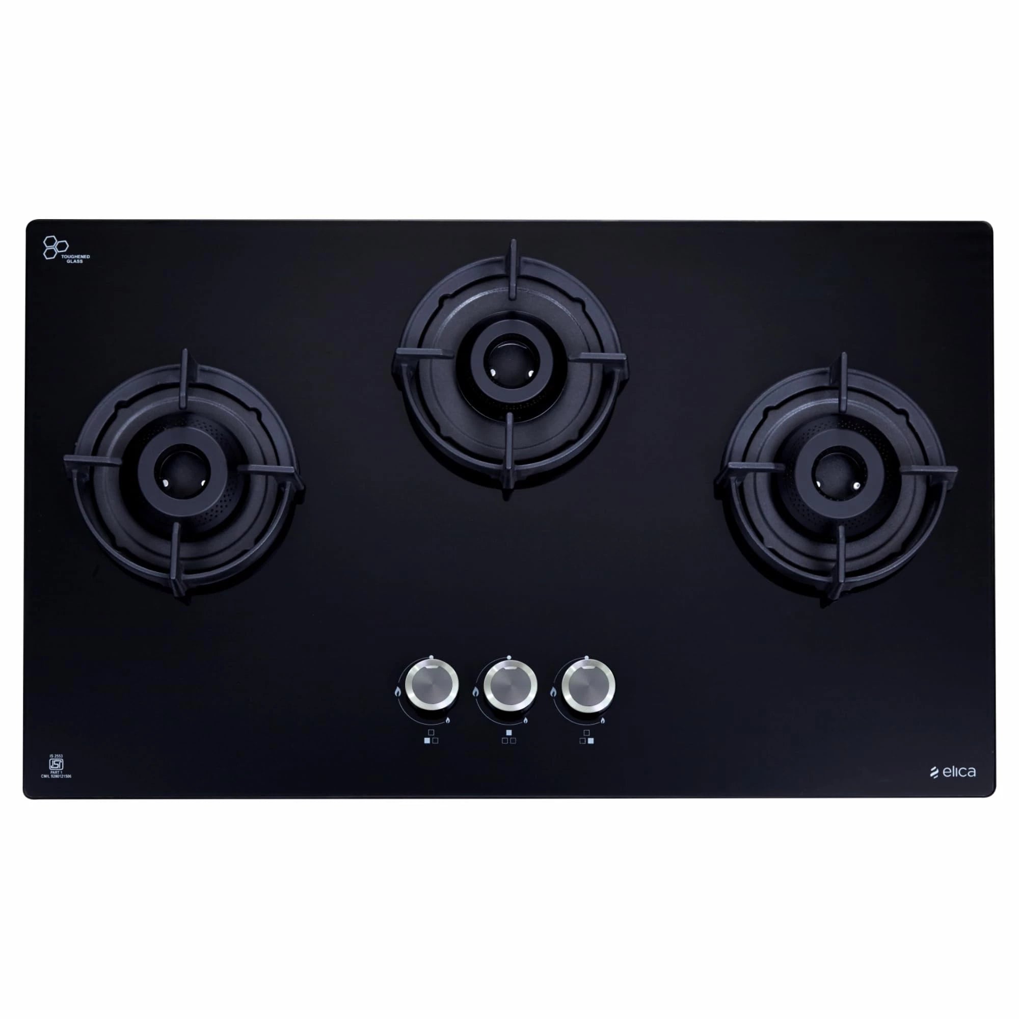 Elica FLEXI 375 LOTUS IND HD BRASS 3 Burner Gas Stove (Auto Ignition, Glass Top, Full Brass)