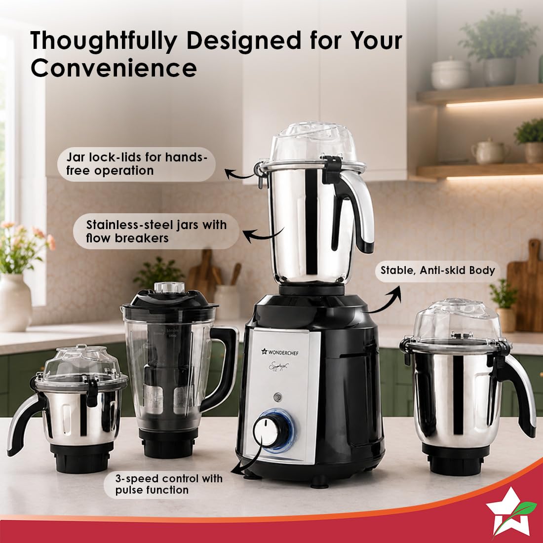Wonderchef 63155304 Professional 1200W Mixer Grinder with 4 Jars, Black