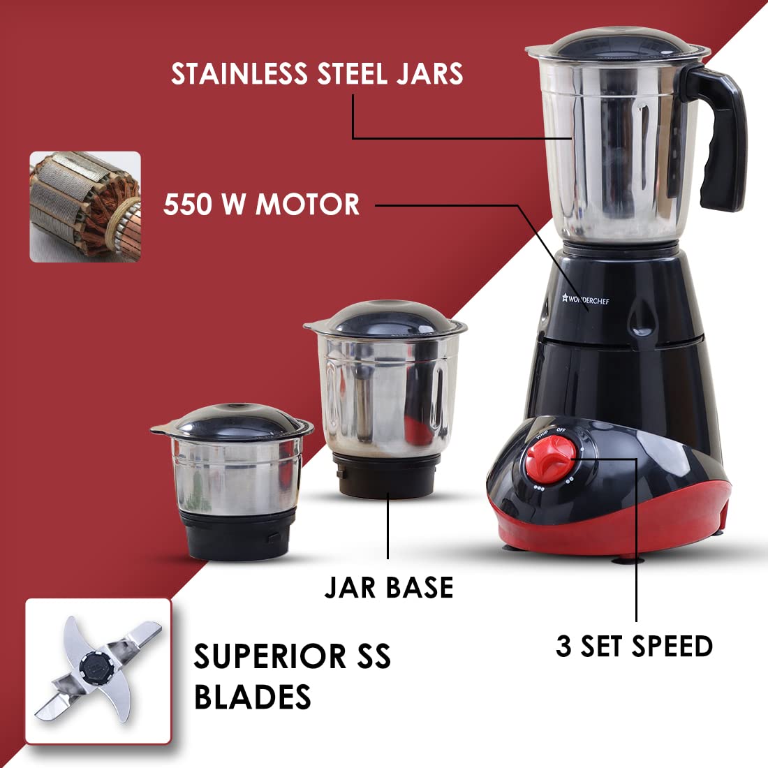 Wonderchef Capri 63154712 550 W 3 Jar Mixer Grinder