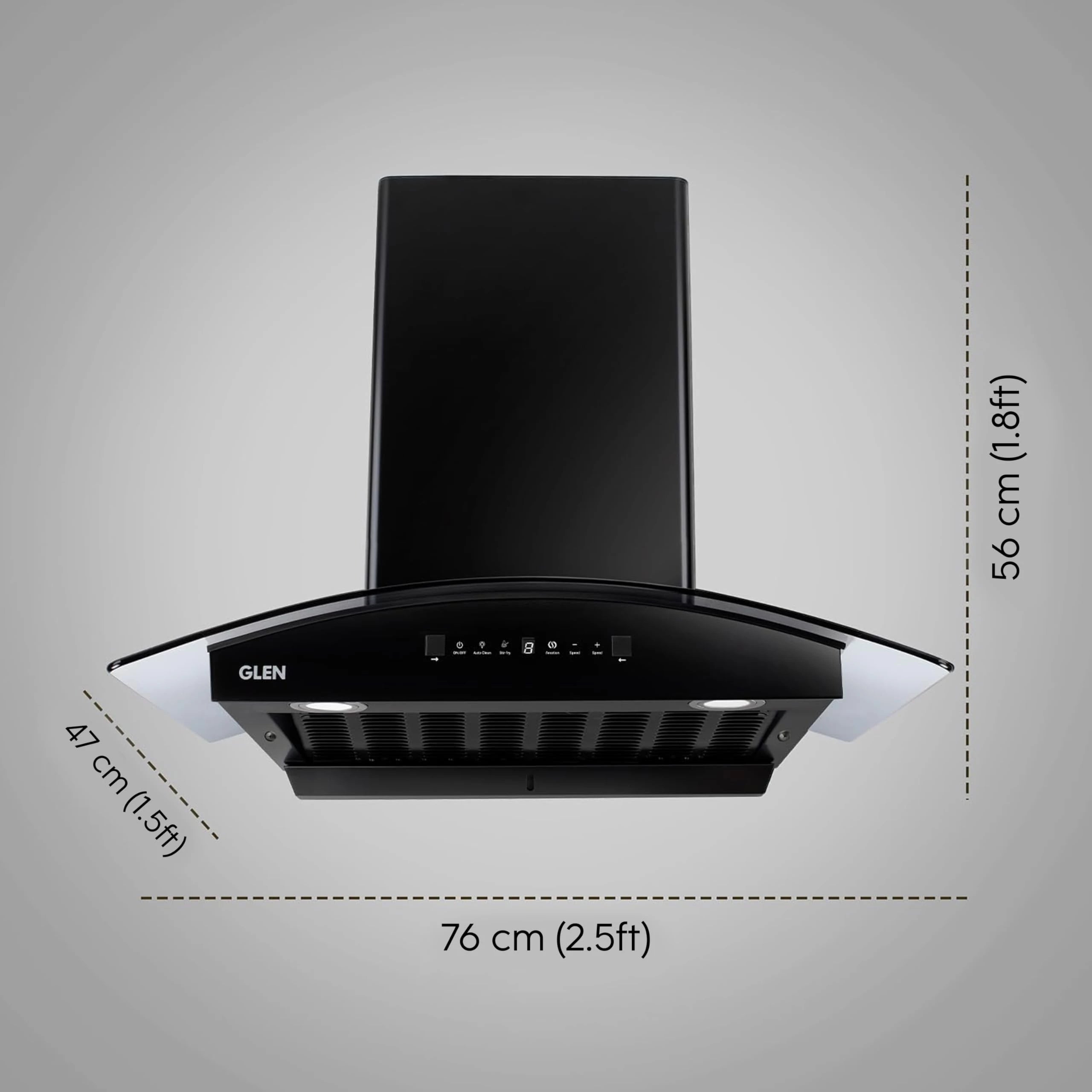 Glen 76 cm 1600 m³/hr BLDC Filterless Thermal Autoclean Kitchen Chimney, Curved Glass |(Hood FABIA 76, Heat Sensor| Aeration technology|Touch & Gesture Control,Black)