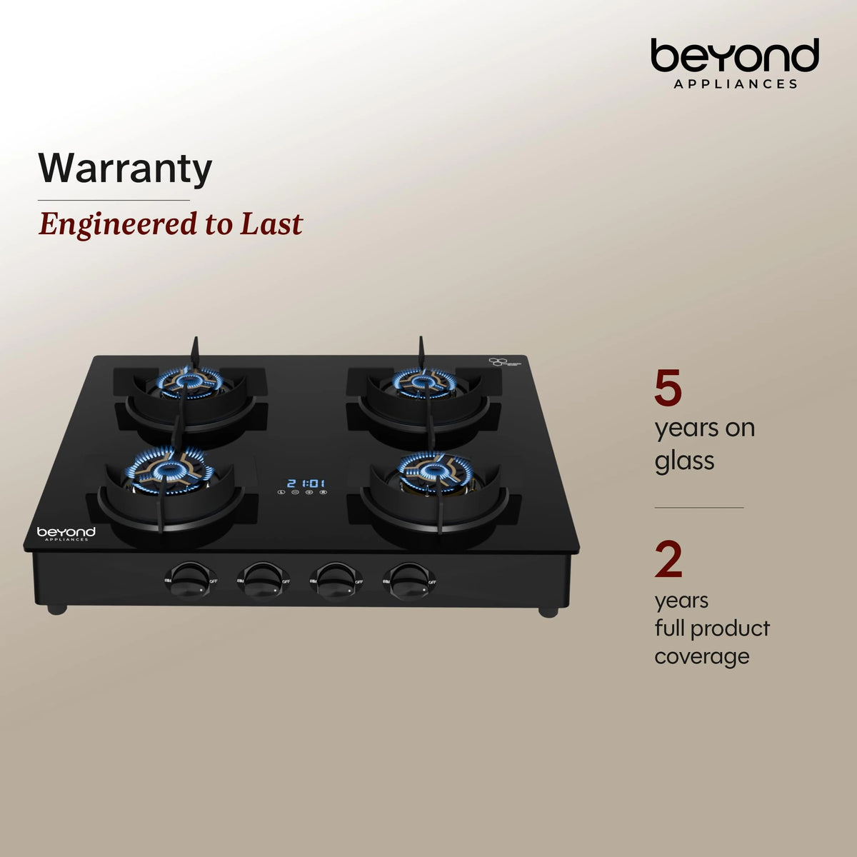 Beyond Appliances Auriga Pro 4 Full Brass Burner Smart Gas Stove | Auto Ignition | Digital Timer | Flame Failure Device | Toughened Glass | ISI Certified, LPG & PNG Compatible, PAN India Service