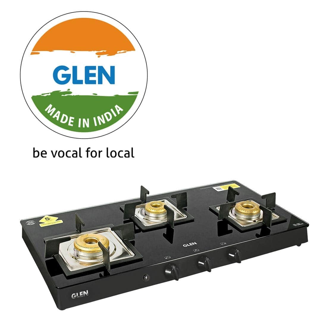 Glen 3 Burner Glass Black Cooktop1038 SQ BL Forged Brass Burners Auto Ignition