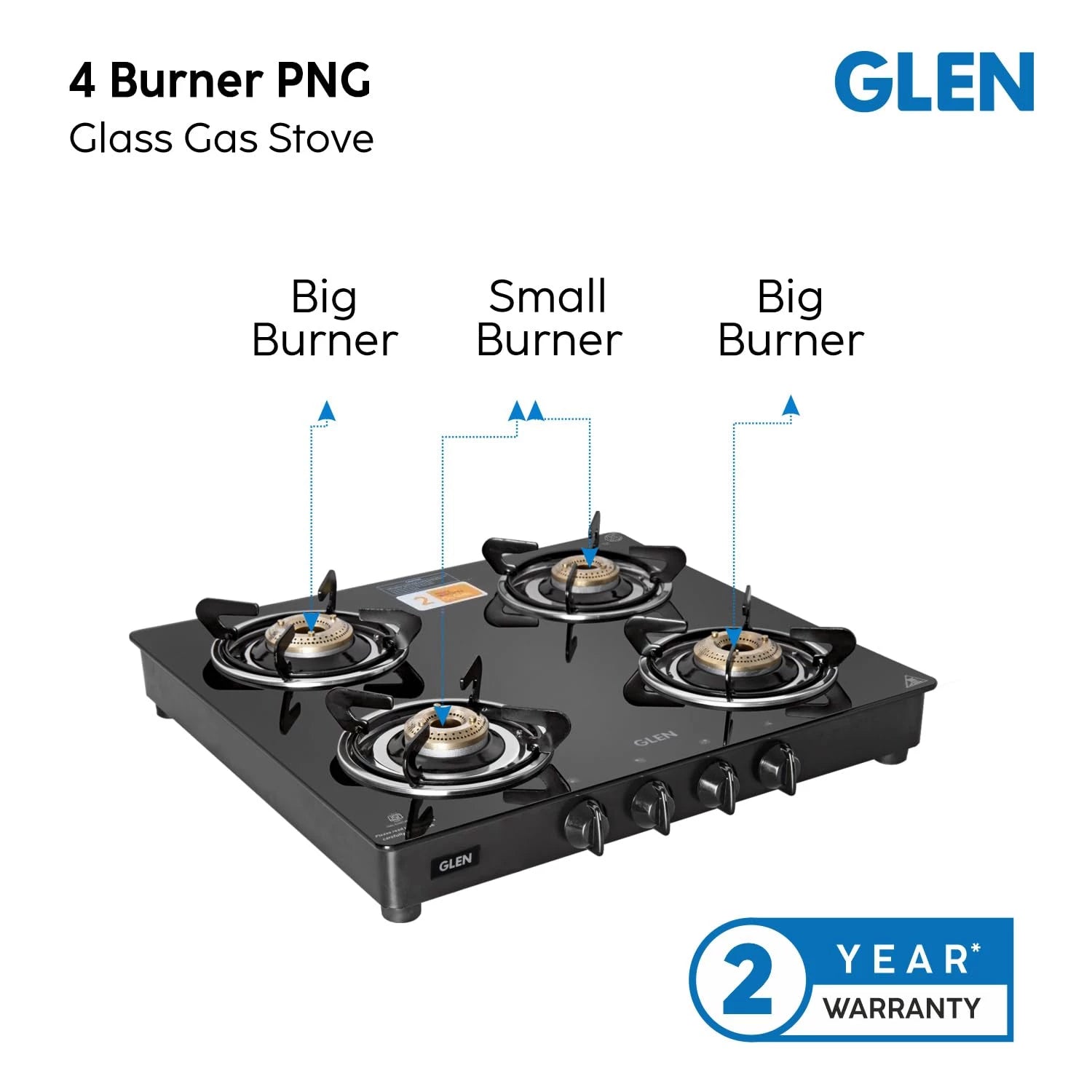 Glen PNG Gas Stove 4 Burner | Toughened Glass Top Gas Stoves Brass Burners Black | ISI Certified (1043 GT BB BL PN) Manual