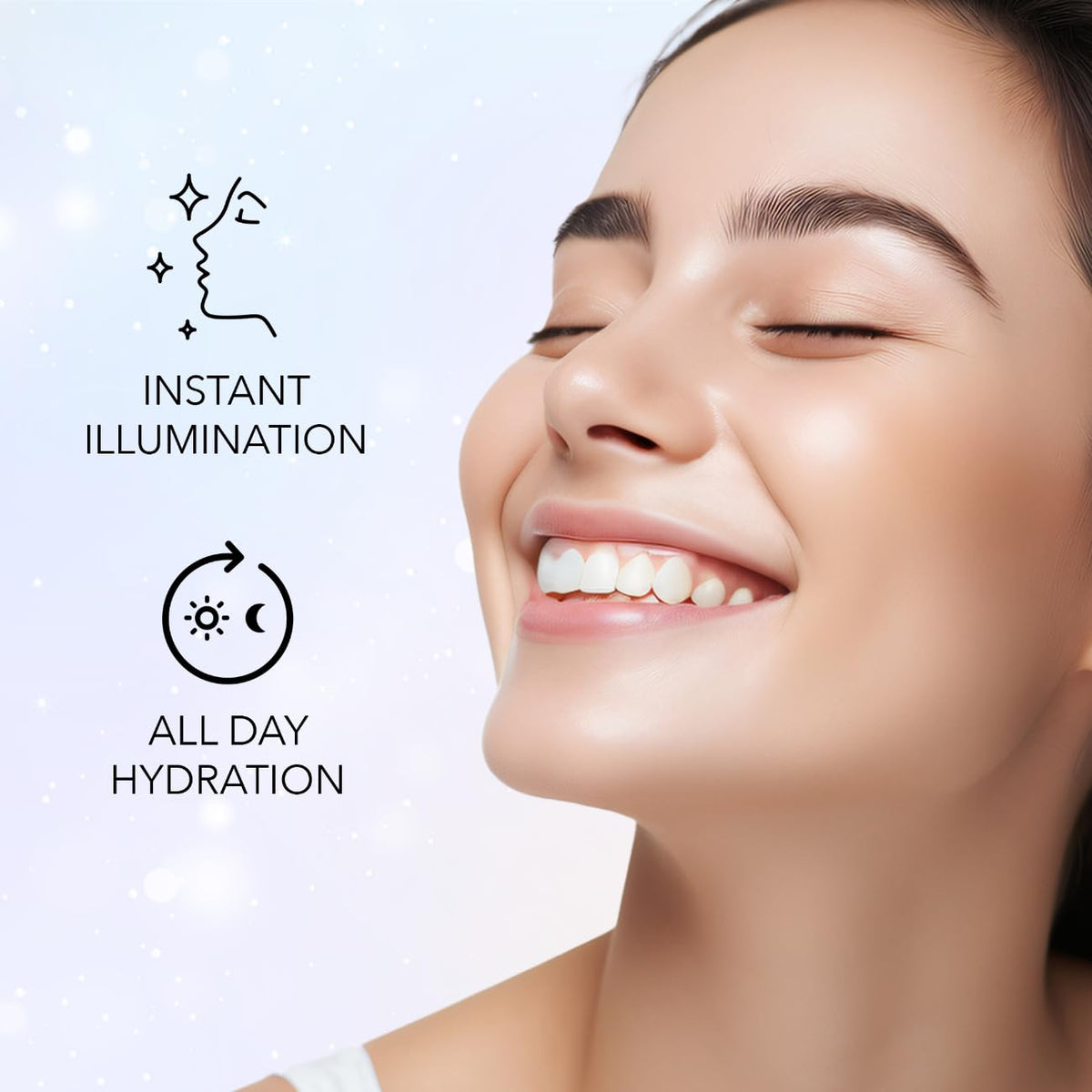 Smiling woman with glowing skin and icons for instant illumination and all day hydration, FACES CANADA Strobe Cream