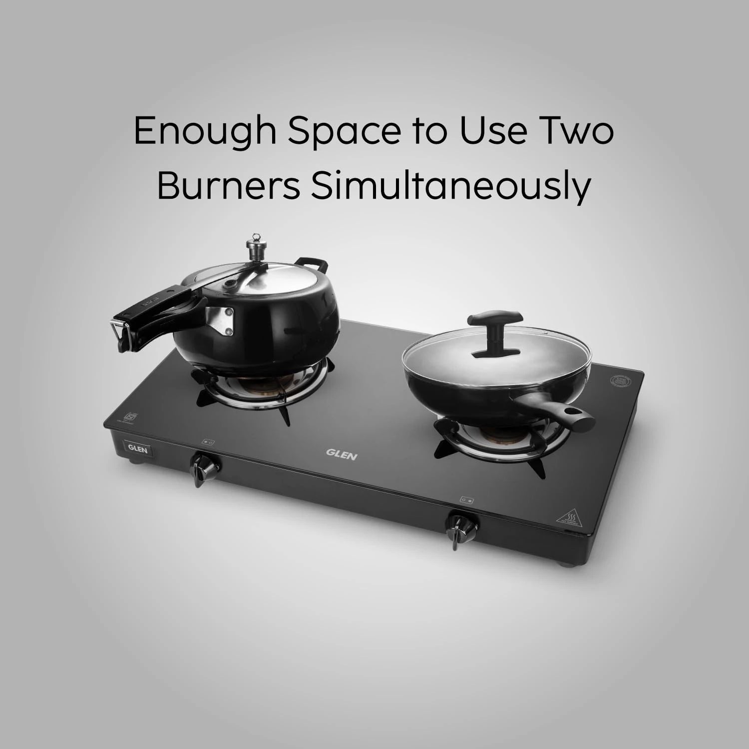 Glen 2 Burner Glass Gas Stove | Toughened Glass Top | Extra Large High Flame Brass Burners | Black | Manual Ignition | ISI Certified (1022 GTXL BB BL)