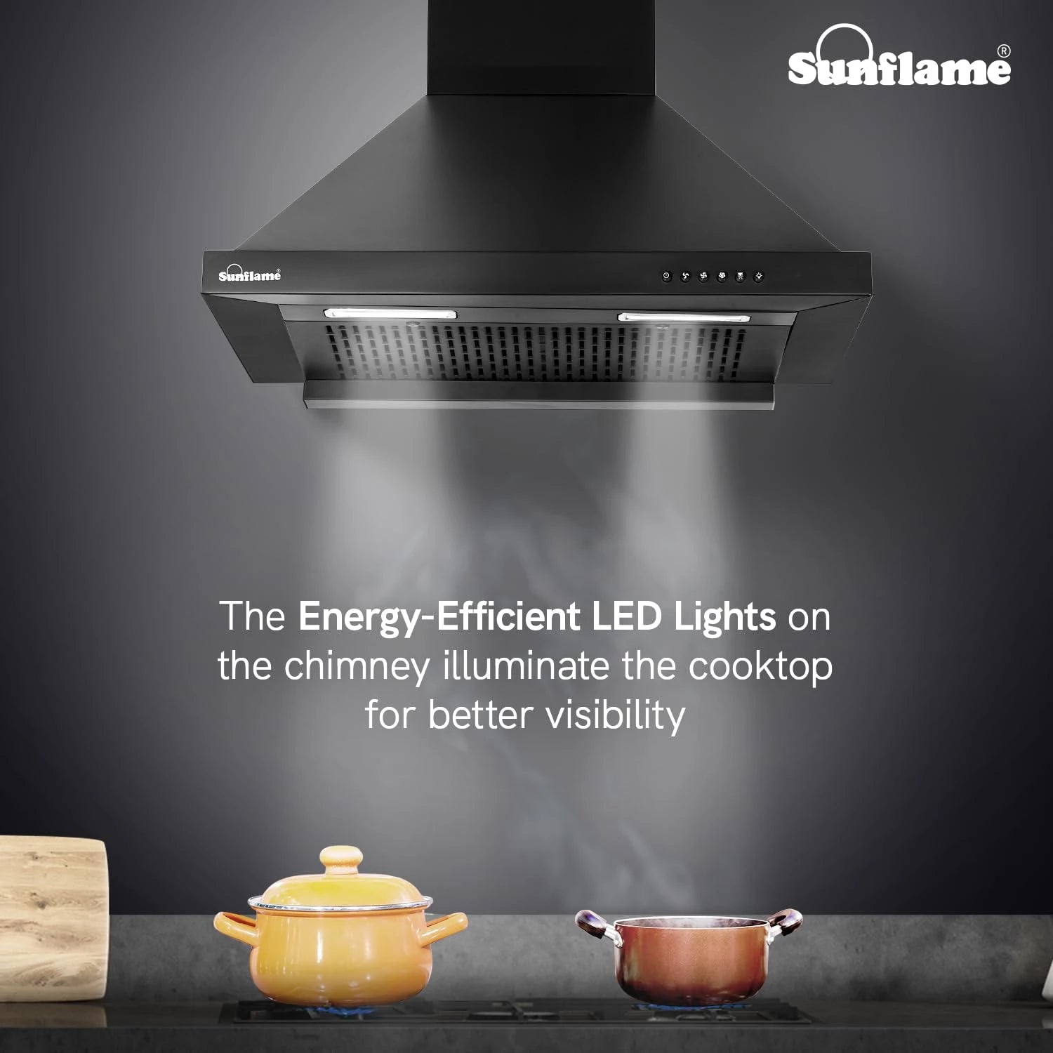 Sunflame Maleo 60 FL HAC Chimney for Kitchen - High Suction of 1200 m³/h/Filter-Less Chimney/One-Press Heat Auto-Clean/Energy-Efficient LED Lights/Low Noise/Easy-to-Clean Panel