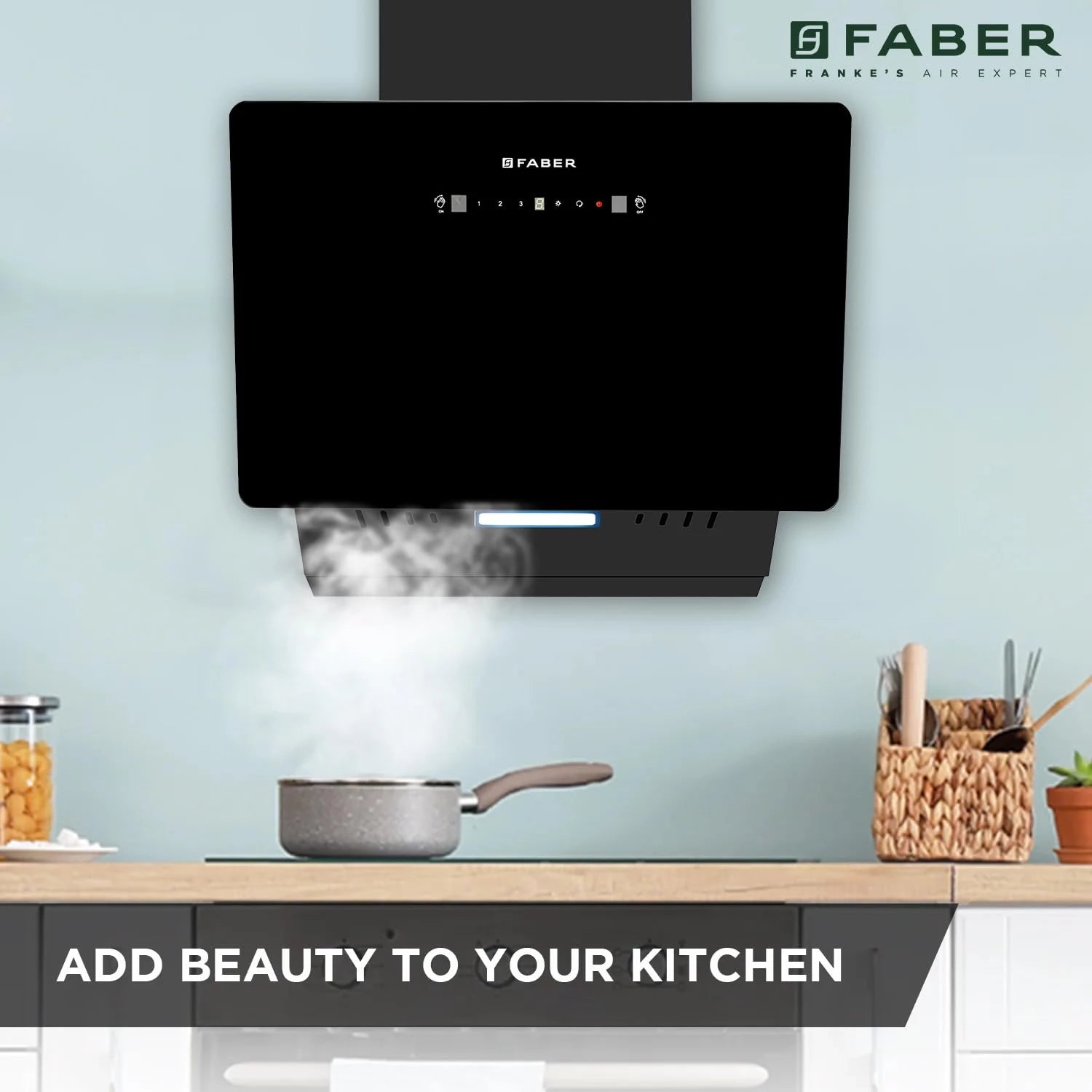 Faber 60cm 1200 m³/hr Vertical Wall Mounted Chimney|Filterless|Two Way Suction|Auto Clean|8 Yrs on Motor & 2 Yrs Comprehensive Warranty by Faber|Touch & Gesture Control|Hood Mojito IN HC SC FL BK 60