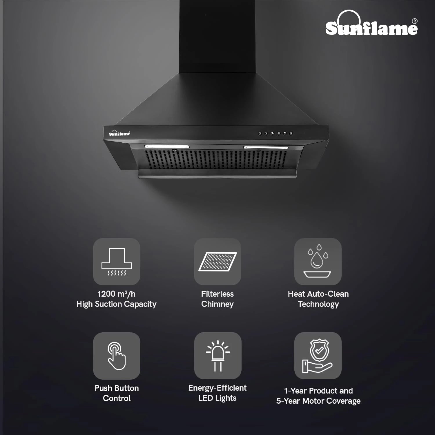 Sunflame Maleo 60 FL HAC Chimney for Kitchen - High Suction of 1200 m³/h/Filter-Less Chimney/One-Press Heat Auto-Clean/Energy-Efficient LED Lights/Low Noise/Easy-to-Clean Panel