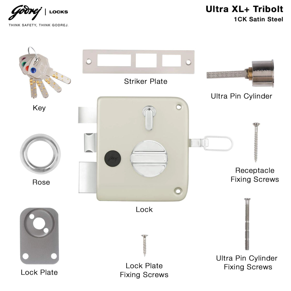 Godrej Ultra XL+ Tribolt 1CK Lock for Home Main Door with Outside Opening (Satin Steel)