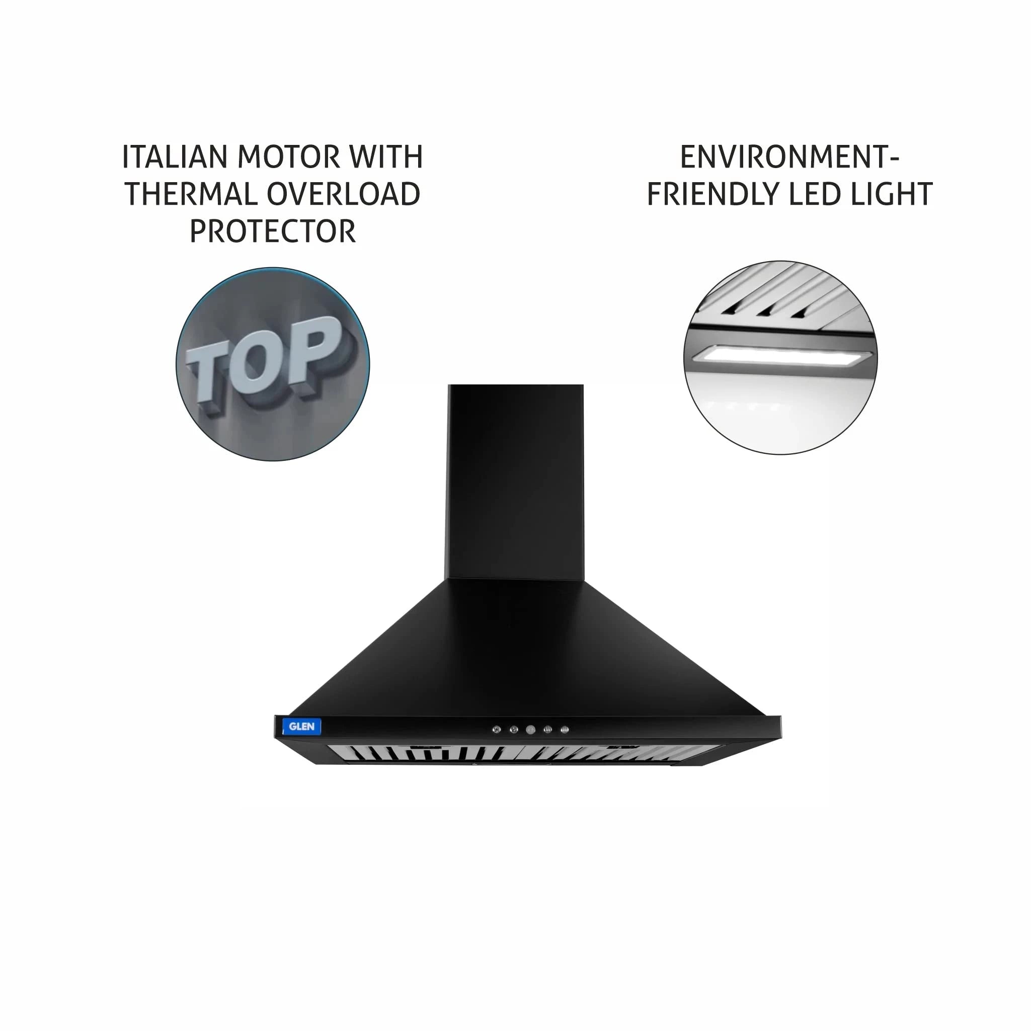 Glen Electric Kitchen Chimney With 7 Year Warranty On Motor, Pyramid Shape Baffle filters Italian Motor, 60cm 1250 m3/h - Black (6054BL60DX)