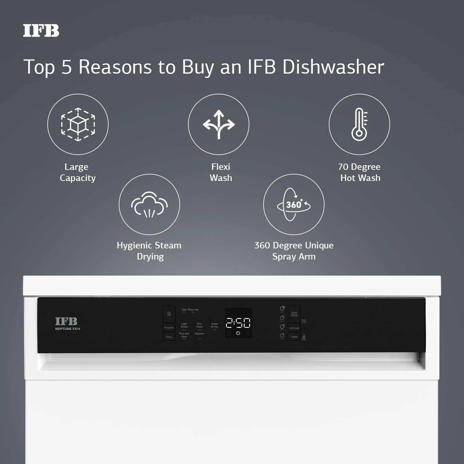 IFB 14 Place Settings with DeepClean® Technology Freestanding Dishwasher (Neptune FX14, White, 70° Hot Water Wash with Hygienic Steam Drying, Perfect for Indian Utensils)