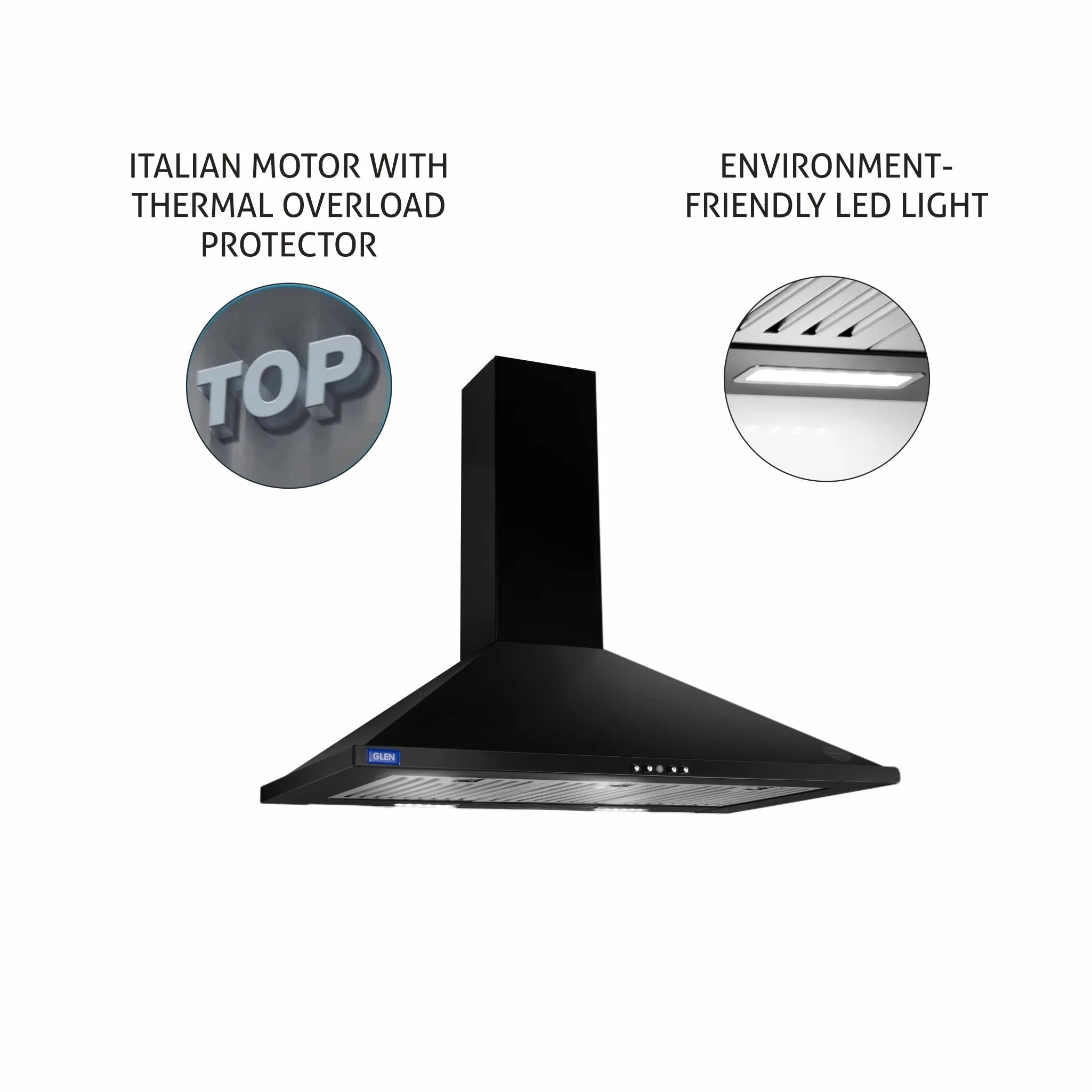 Glen Electric Kitchen Chimney for home With 7 Year Warranty On Motor, Pyramid Shape Baffle filters Italian Motor, 90cm 1250 m3/h - Black (6054BL90DX)