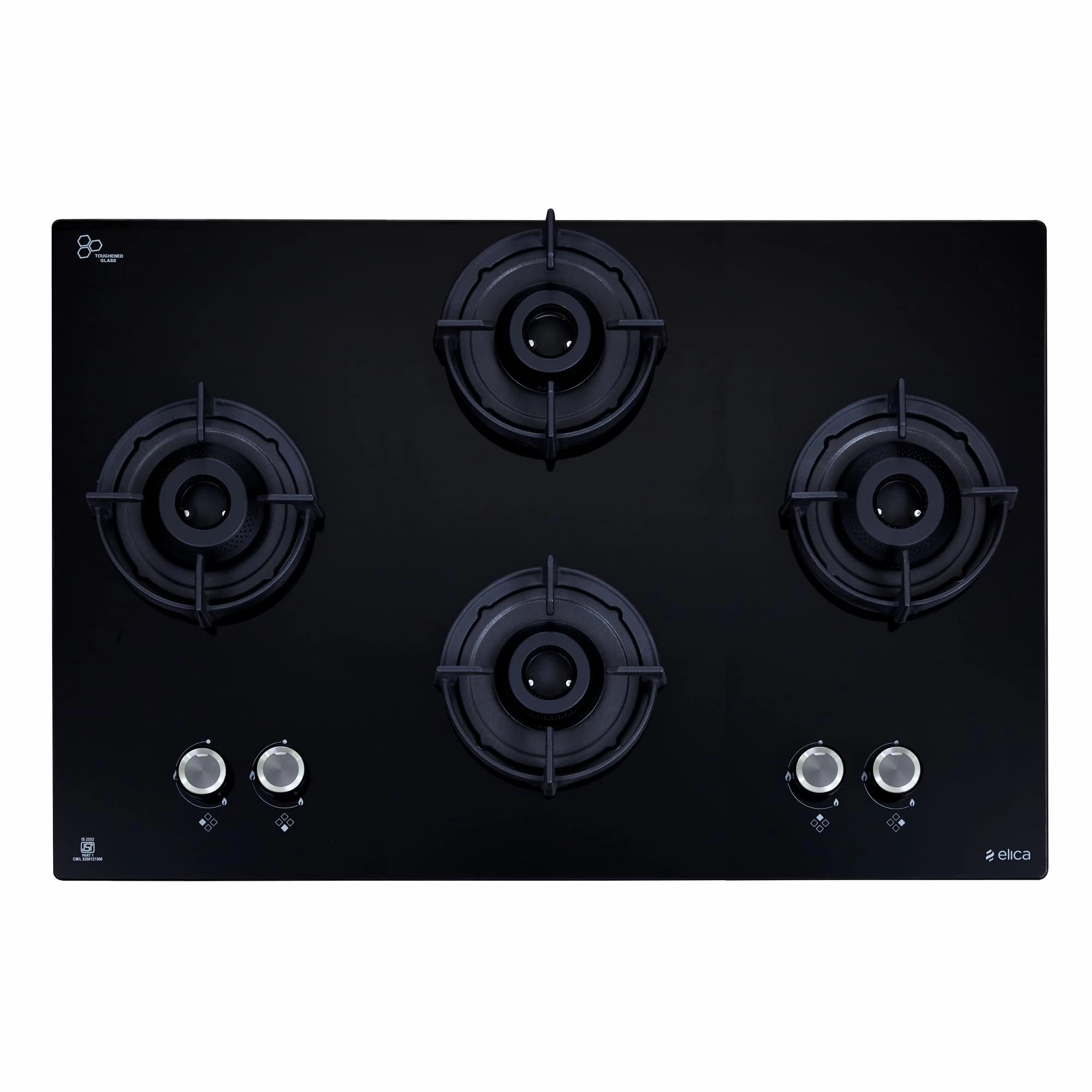 Elica FLEXI 491 LOTUS IND HD BRASS 4 Burner Gas Stove (Auto Ignition, Glass Top, Full Brass Multi-Flame)