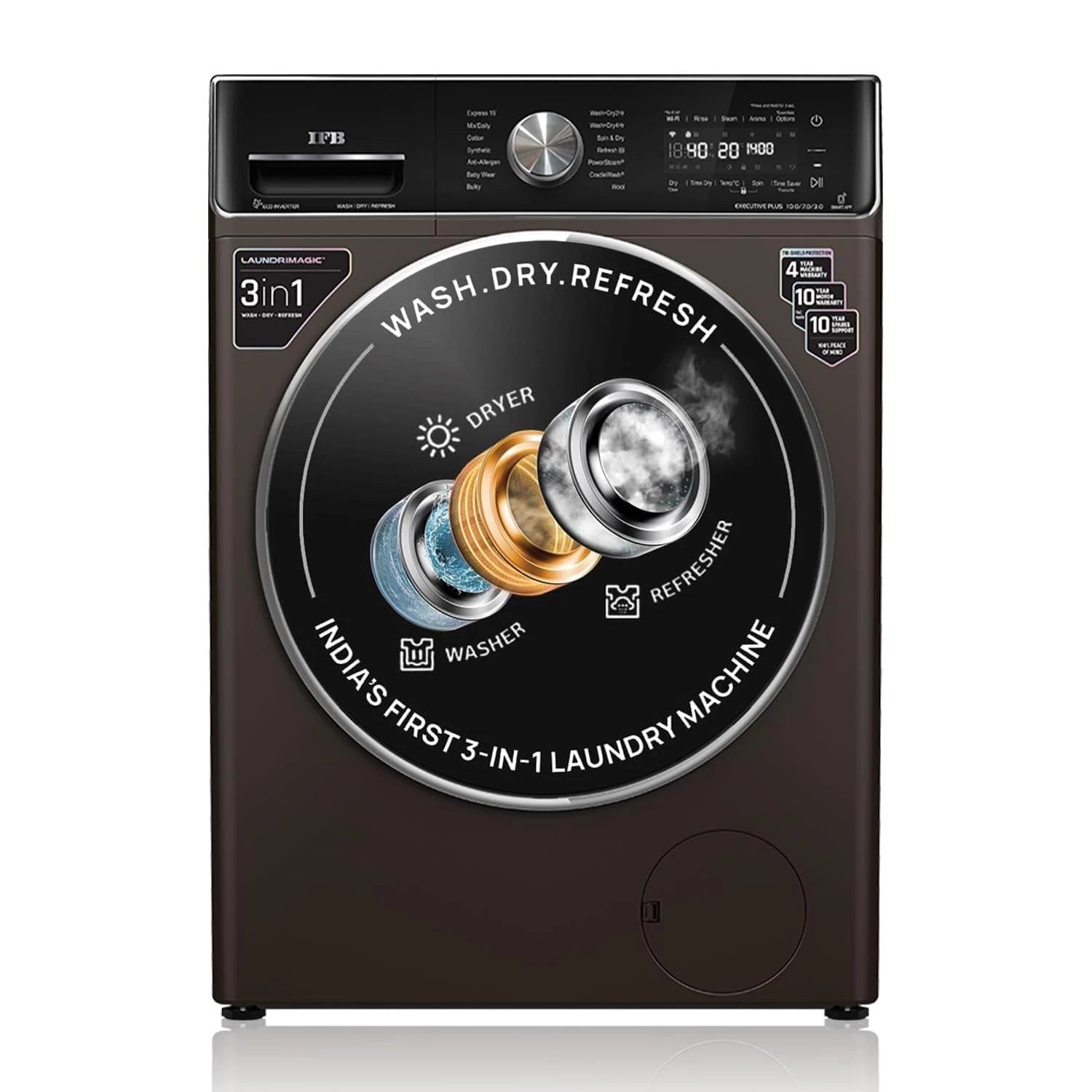 IFB 10 Kg/7 Kg/3 Kg 3-in-1, AI Powered, Fully Automatic Washer Dryer Refresher (IFB Laundrimagic®, EXECUTIVE PLUS ZXM, 9 Swirl Wash, Eco Inverter Technology, Mocha)