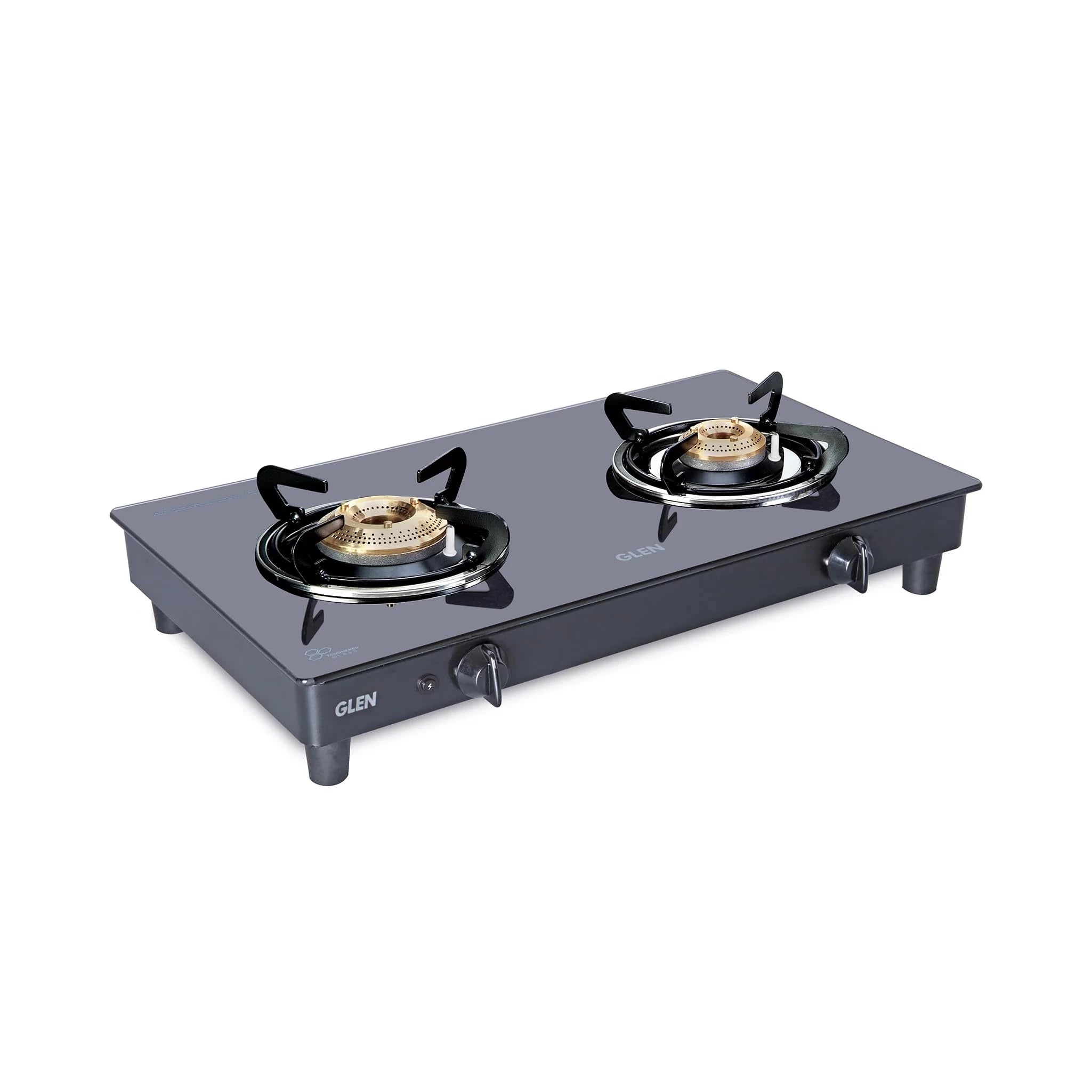 Glen 2 Burner Glass Gas Stove with High Flame Brass Burner Black (1021 GT HF BB BL) (Auto ignition)