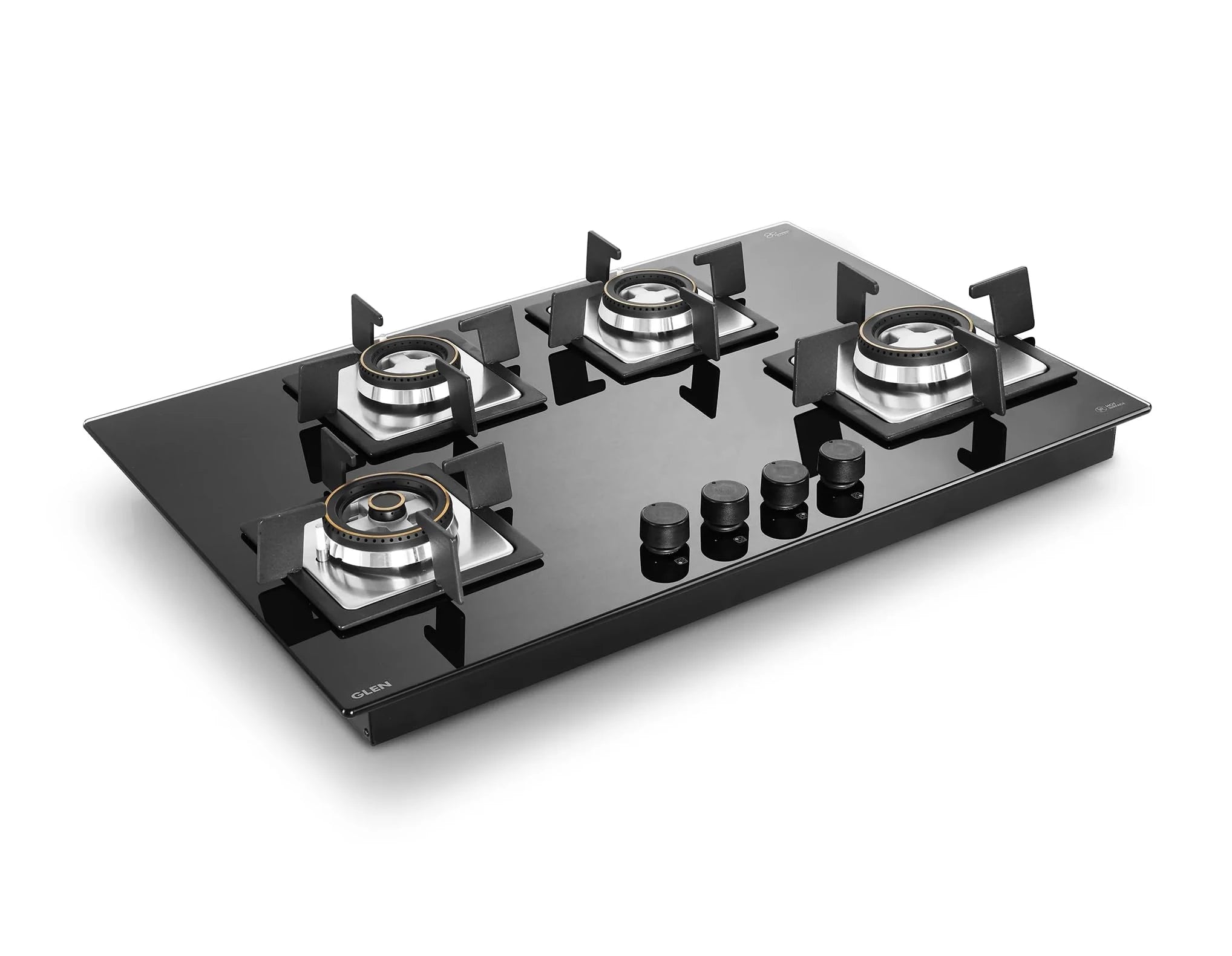 Glen Built-in Hob 4 Burner Gas Stove | Black Toughened Glass Top | Auto Ignition | Forged Brass Burners Mini Triple Ring & Double Ring | 2 Year Warranty