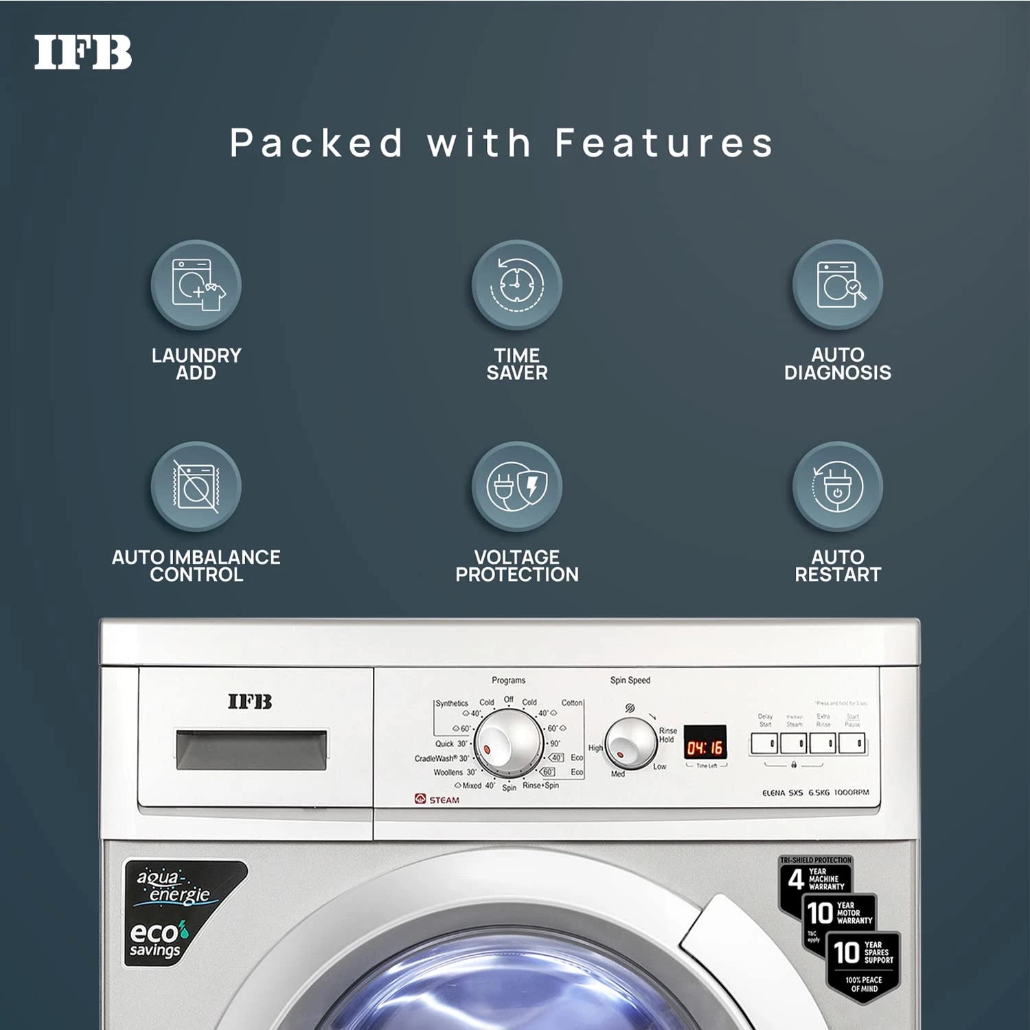 IFB Front Load Washing Machine ELENA SXS 6510, 5 Star, 6.5 Kg, 2X Power Steam, Silver, In-built Heater, 4yr Warranty