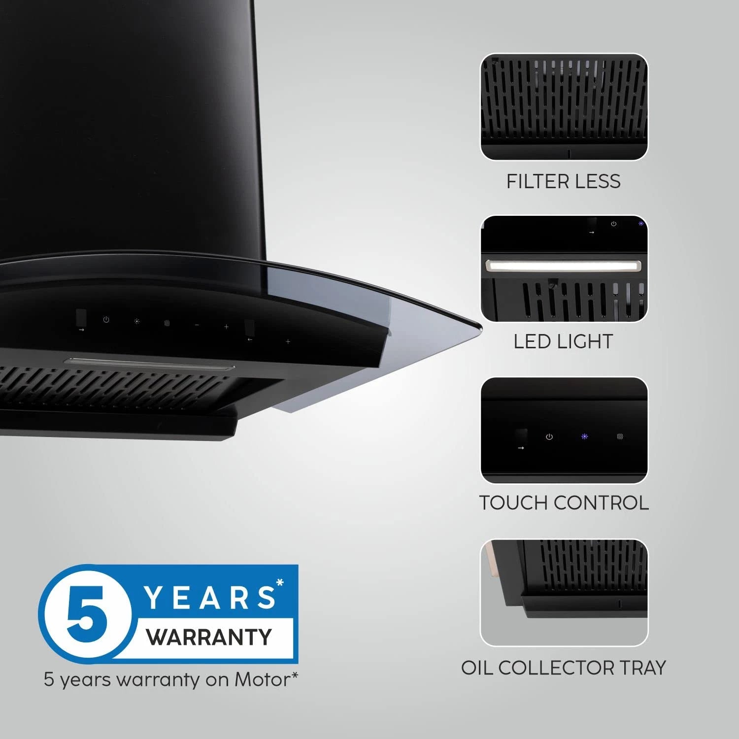Glen Kitchen Chimney 6058 BL Auto Clean, Curved Glass, Filterless, 1200 m3/h, Motion Sensor, 7 Year Motor Warranty.