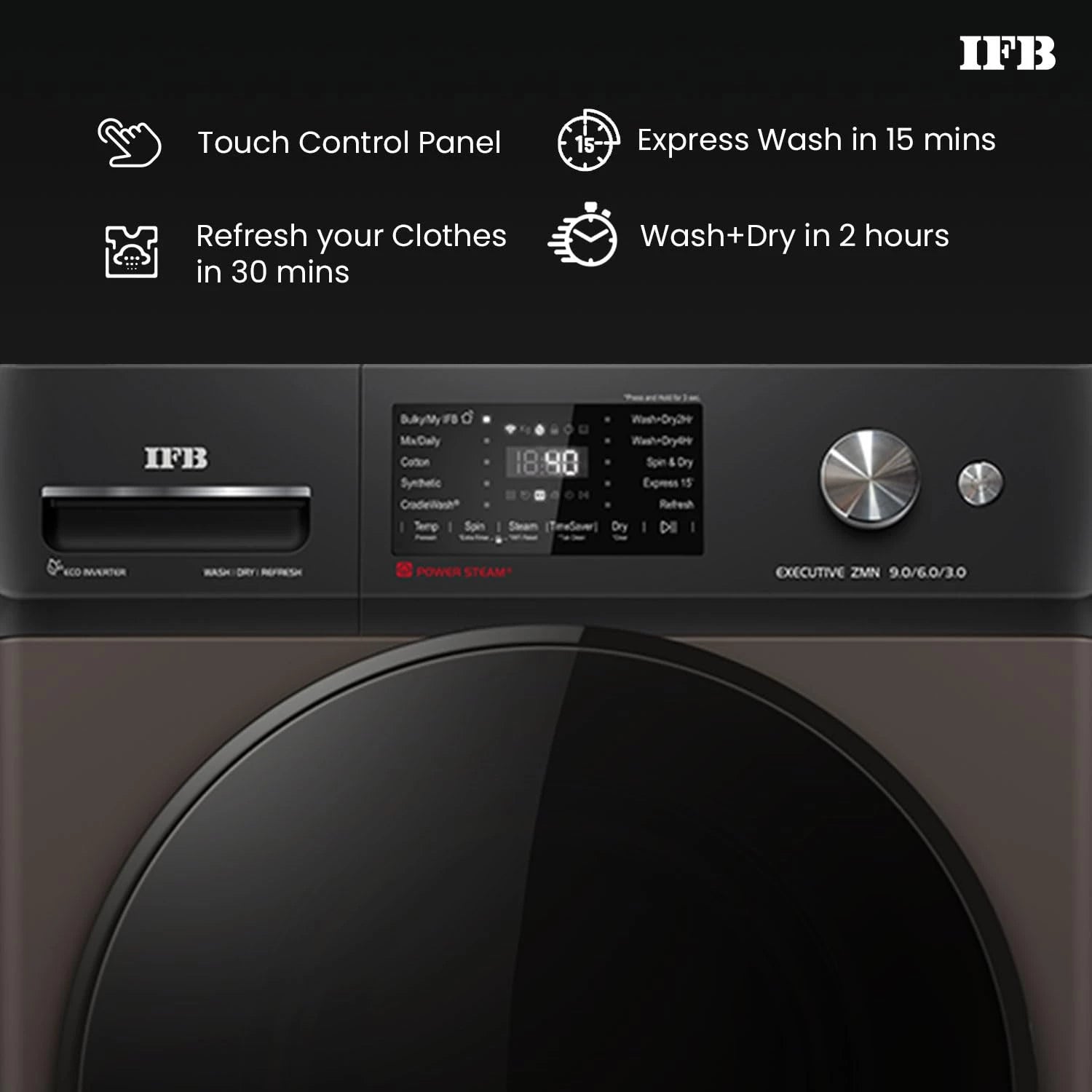 IFB 9/6/3 kg Fully Automatic Washer Dryer Refresher with Steam Refresh, AI Powered, 100% Dry Clothes, 9 Swirl Wash Mimic Handwashing, WiFi & Eco Inverter Motor (WDR Executive ZMN, Mocha)