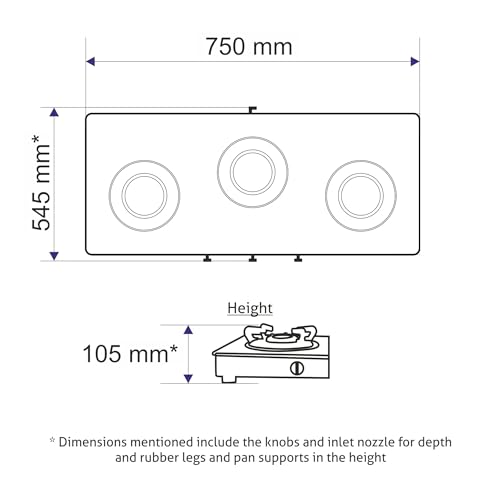 Glen 3 Burner Ultra Slim Free Standing Hob | 8 MM Toughened Glass | Black |Forged brass burners |Warranty 2 Years Standard & 5 Years Glass |1073 US BL 75 cm