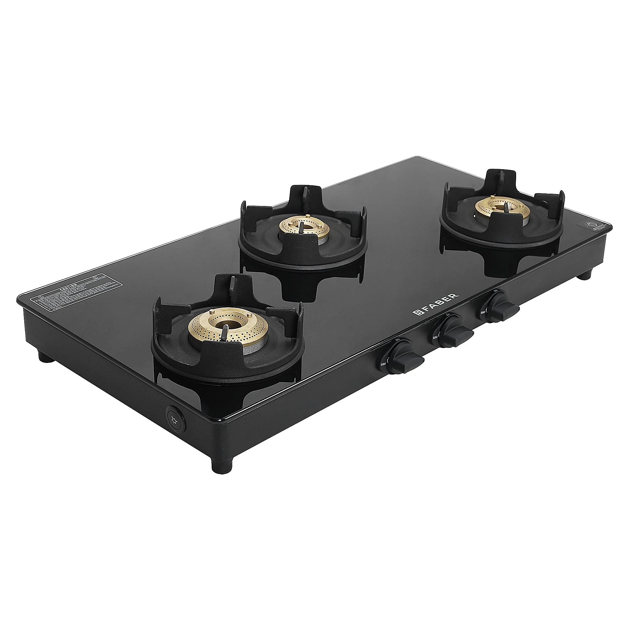 Faber ONYX AI 3BB BK 3-Burner Auto-Ignition Cooktop | Black ABS Knobs | Brass Burners | Cast Iron Pan Support | Black Glass Finish | 7 Yrs Warranty on Glass, 5 Yrs on Burner & Valve | 2 Yrs Comprehens
